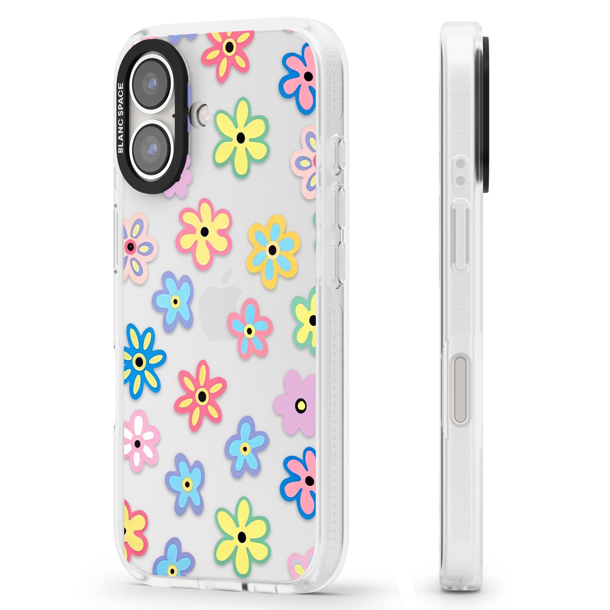 Bloom Pop cottagecore iPhone case featuring multicolor pastel flowers with black centers on clear background | Clear Case Impact Air case for iPhone 16, iPhone 16 Plus