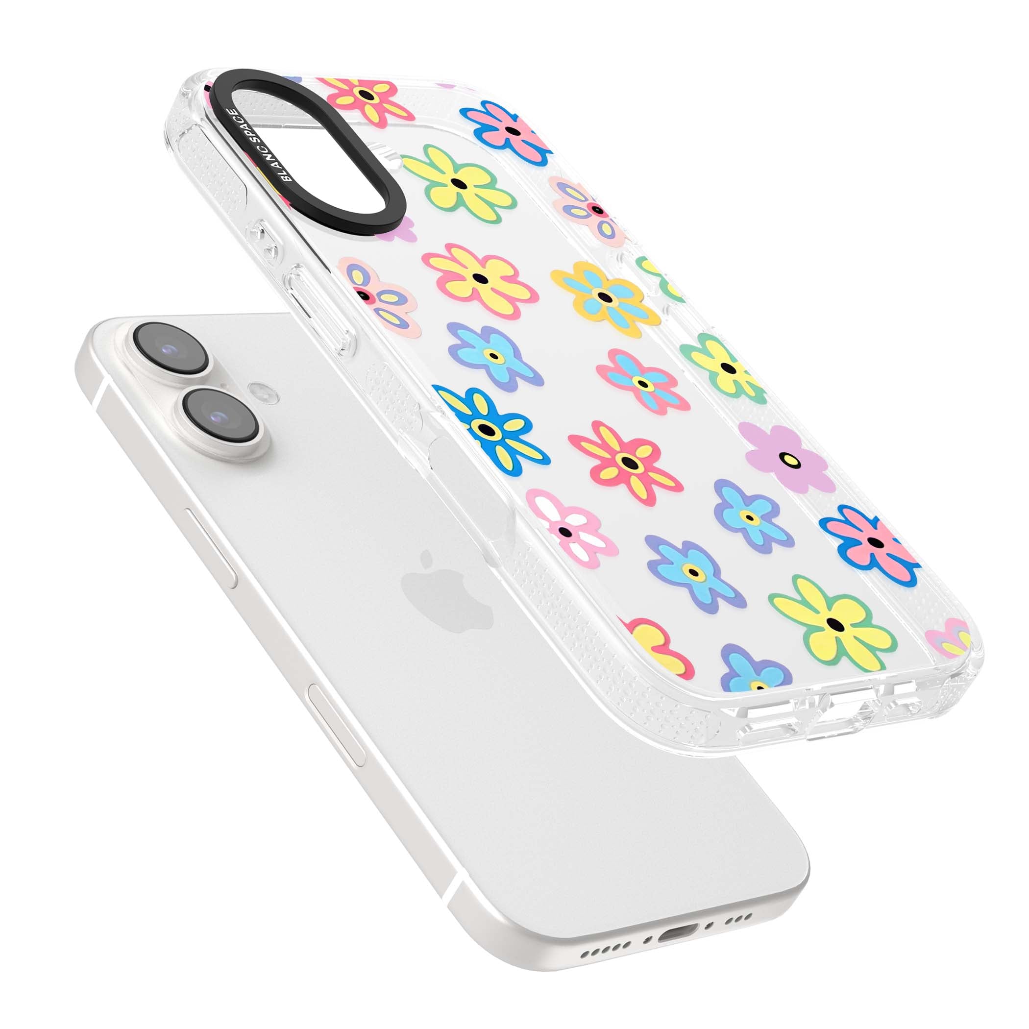 Bloom Pop cottagecore iPhone case featuring multicolor pastel flowers with black centers on clear background | Clear Case Impact Air case for iPhone 16, iPhone 16 Plus