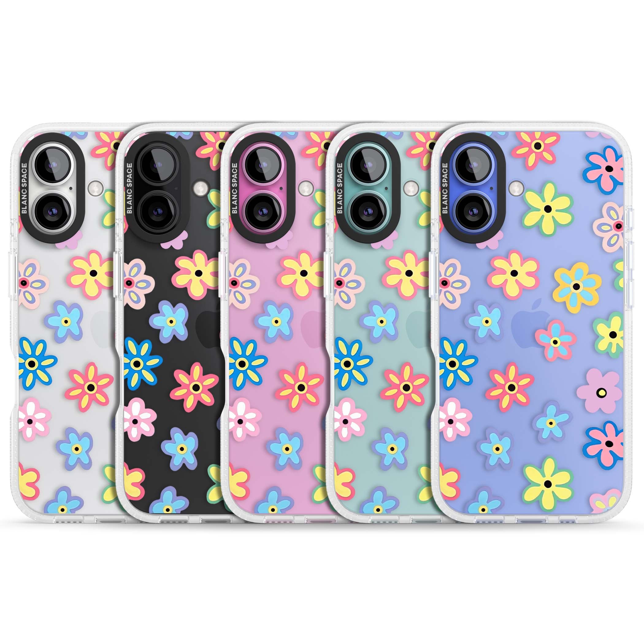 Bloom Pop cottagecore iPhone case featuring multicolor pastel flowers with black centers on clear background | Clear Case Impact Air case for iPhone 16, iPhone 16 Plus