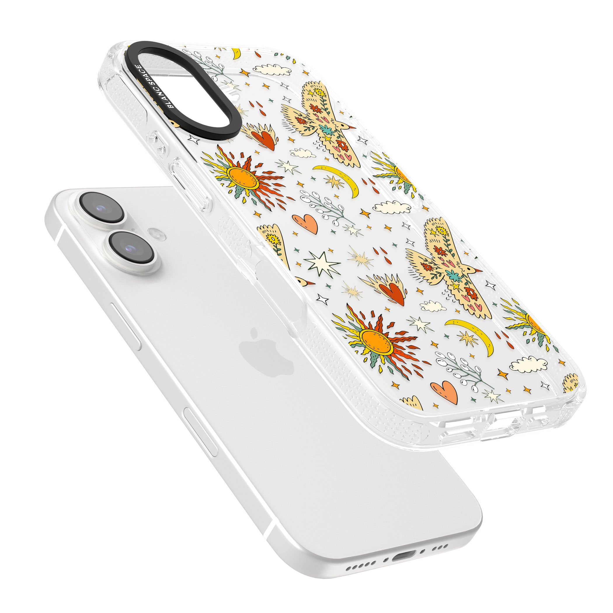 Boho Celestial Floral Bird & Sun iPhone 16 / 16 Plus Clear Case Impact Air - Blanc Space