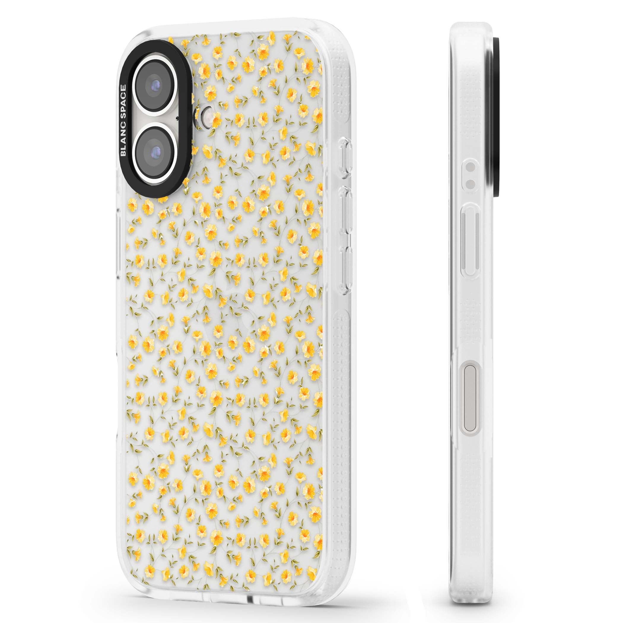 Buttercup wildflower iPhone case featuring tiny yellow flowers and trailing green vines on clear | Clear Case Impact Air case for iPhone 16, iPhone 16 Plus