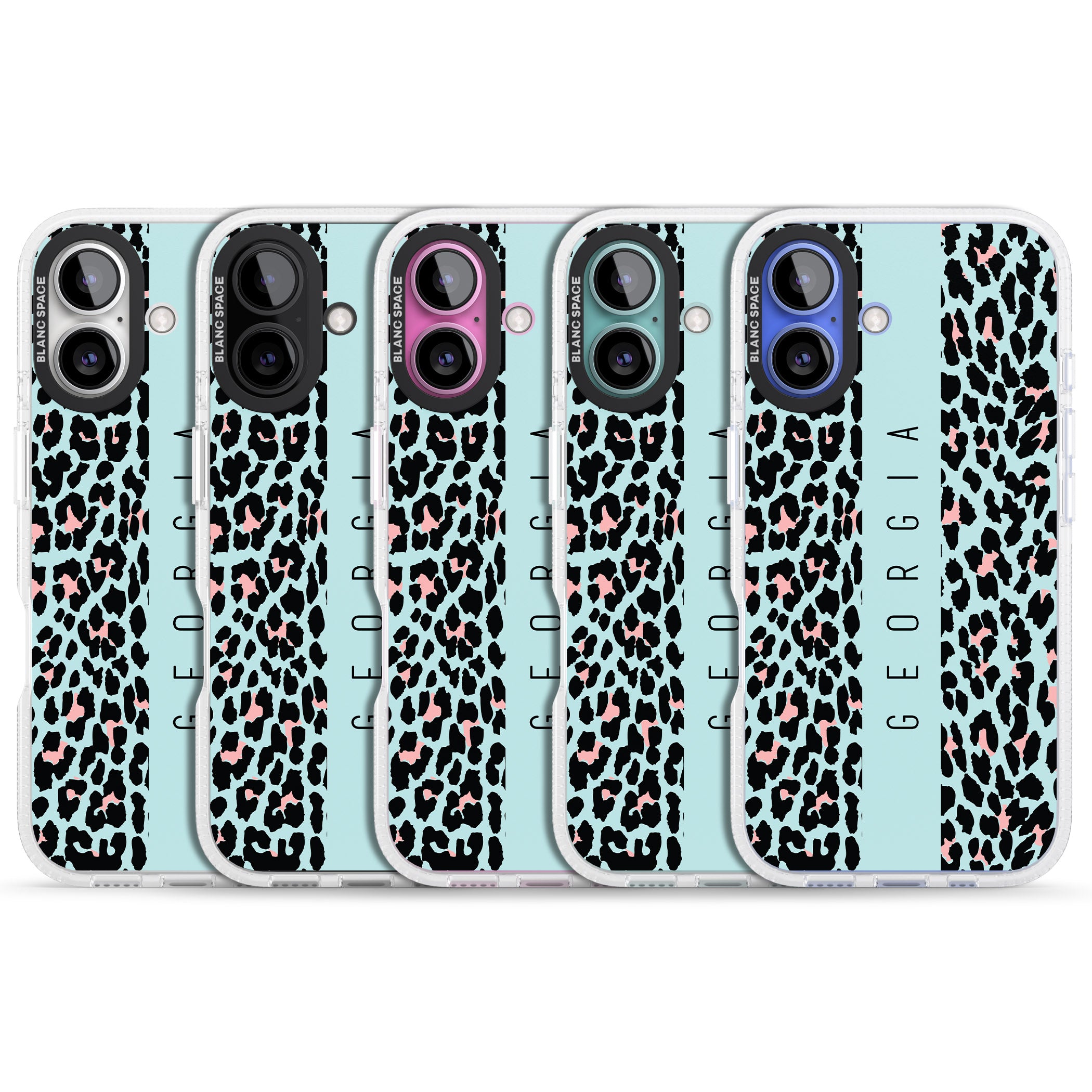 Personalised Blue Leopard Spots iPhone 16 / 16 Plus Clear Case Impact Air - Blanc Space