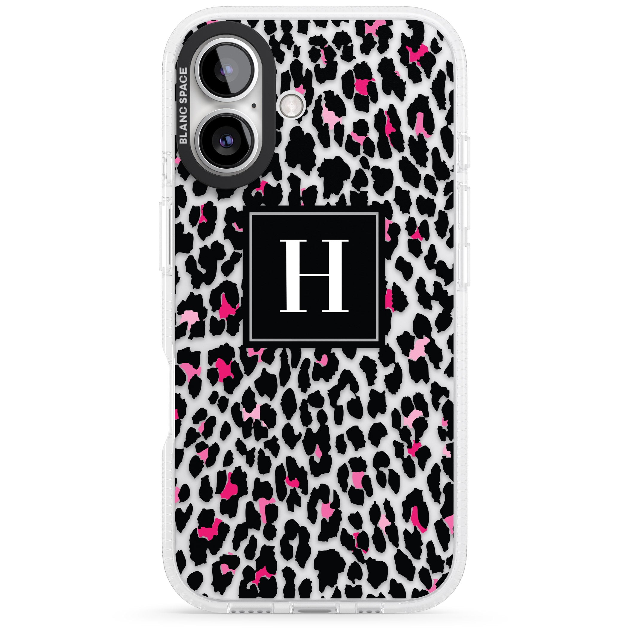 Personalised Pink Monogram Leopard Spots iPhone 16 / 16 Plus Clear Case Impact Air - Blanc Space