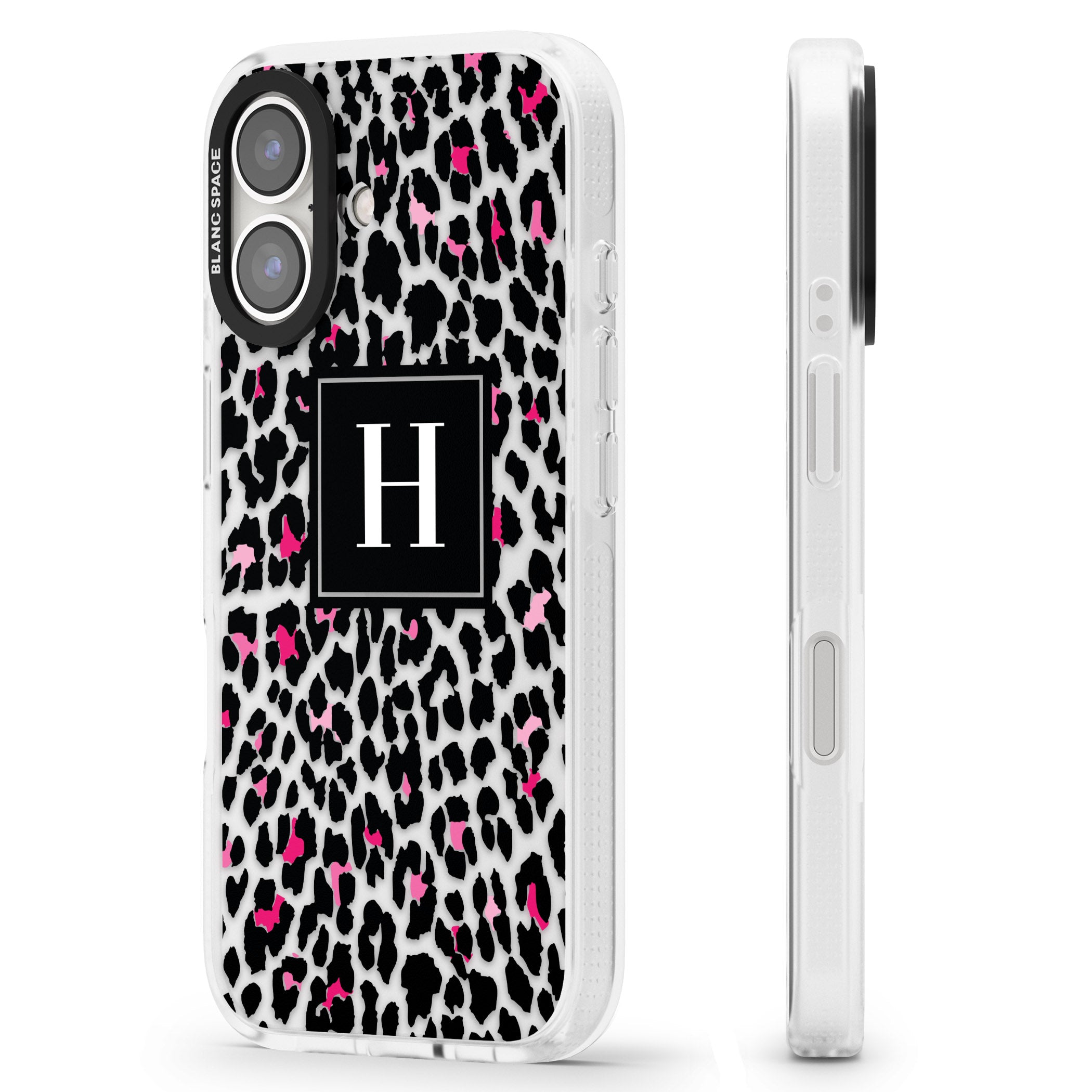Personalised Pink Monogram Leopard Spots iPhone 16 / 16 Plus Clear Case Impact Air - Blanc Space