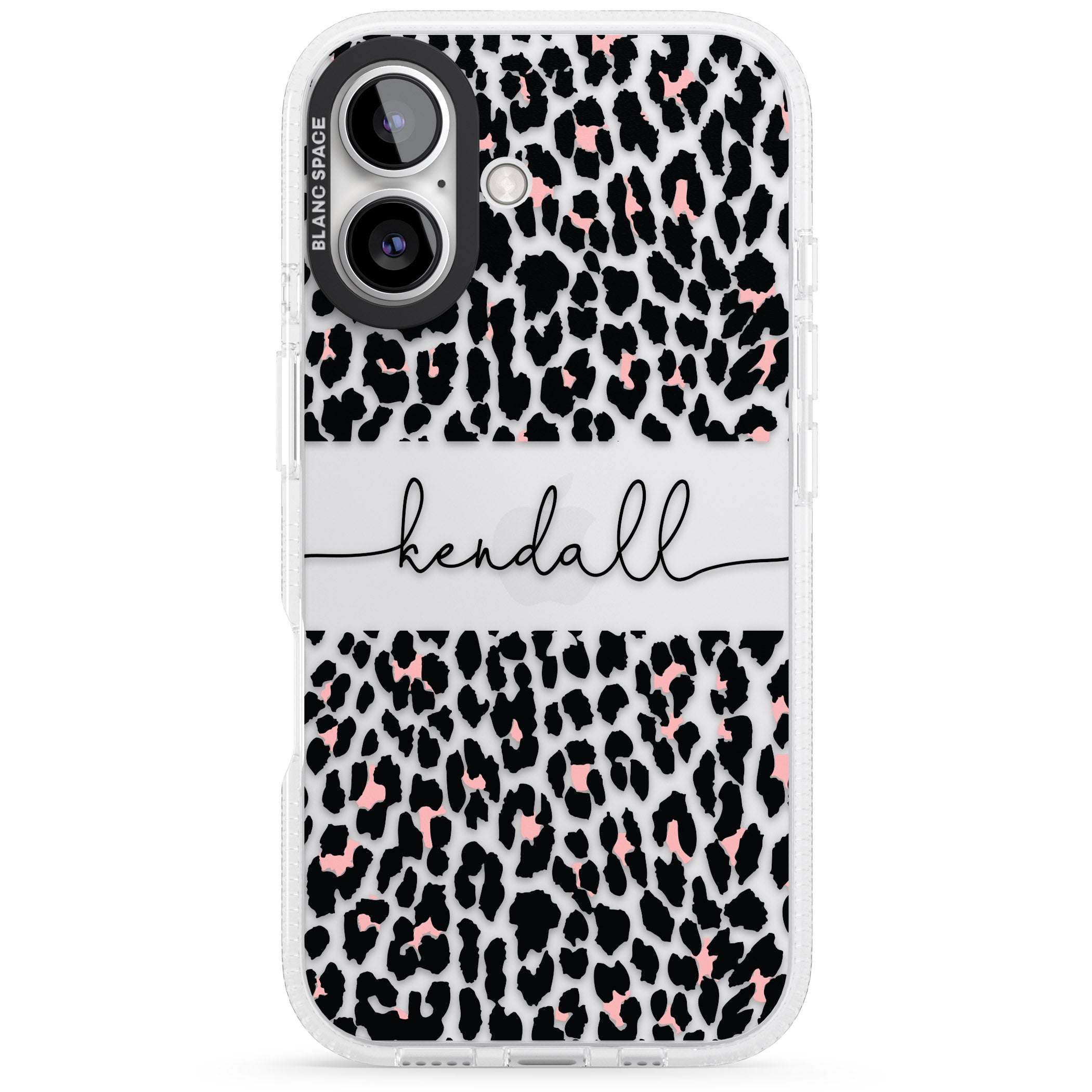 Personalised Pink & Cursive Leopard Spots iPhone 16 / 16 Plus Clear Case Impact Air - Blanc Space