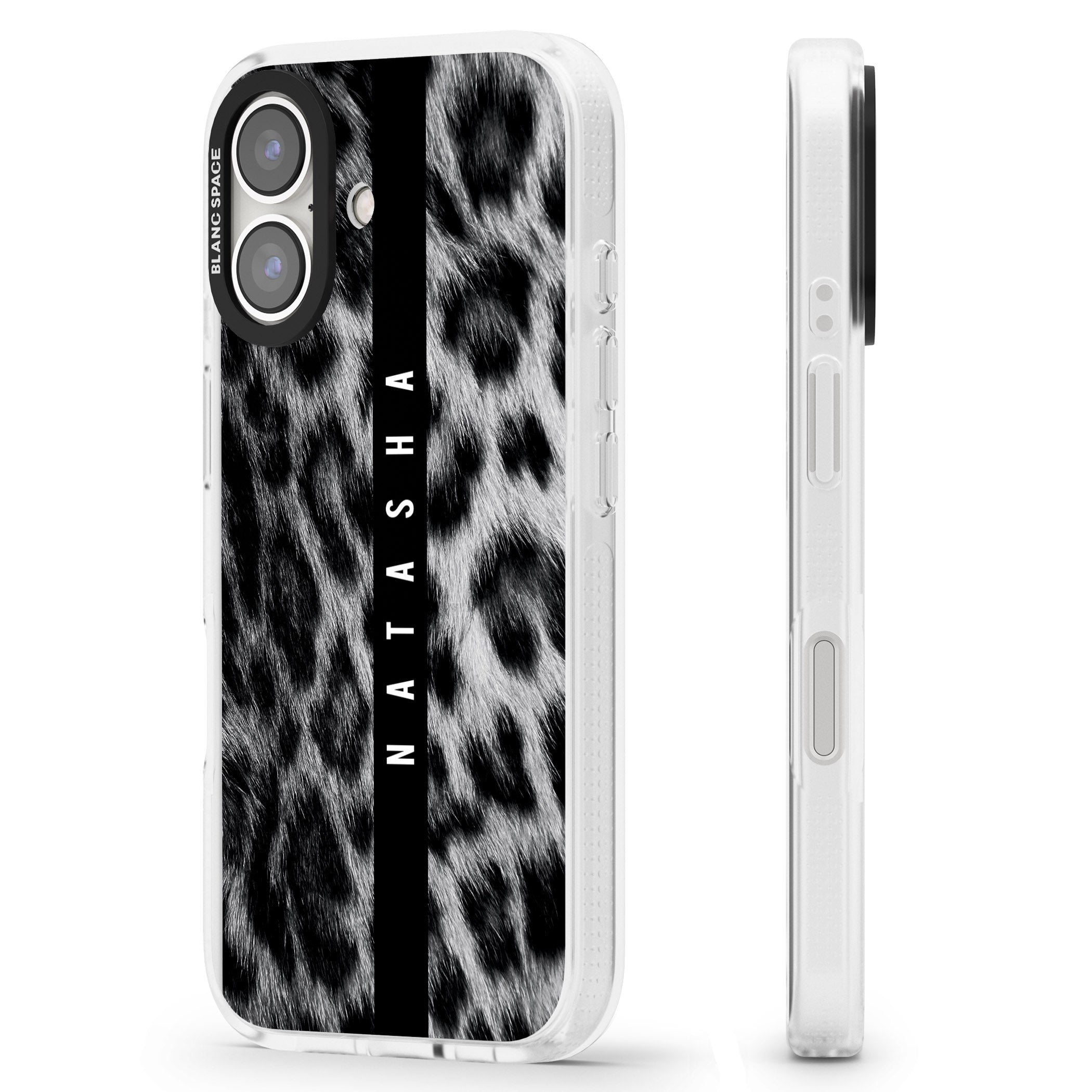 Personalised Snow Leopard Print iPhone 16 / 16 Plus Clear Case Impact Air - Blanc Space