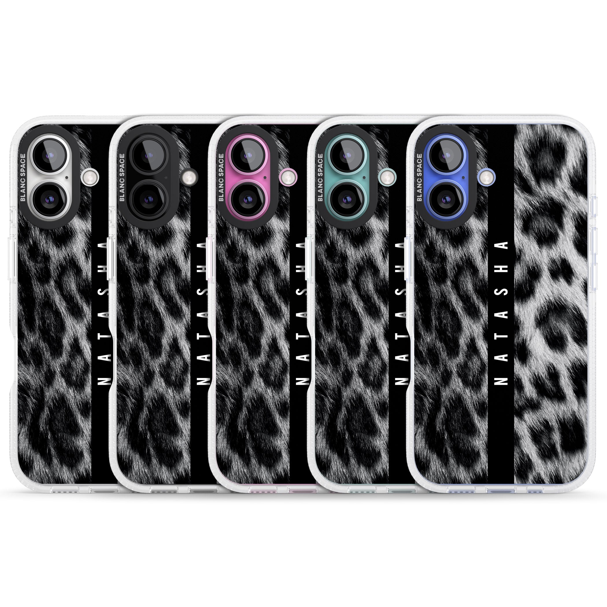 Personalised Snow Leopard Print iPhone 16 / 16 Plus Clear Case Impact Air - Blanc Space
