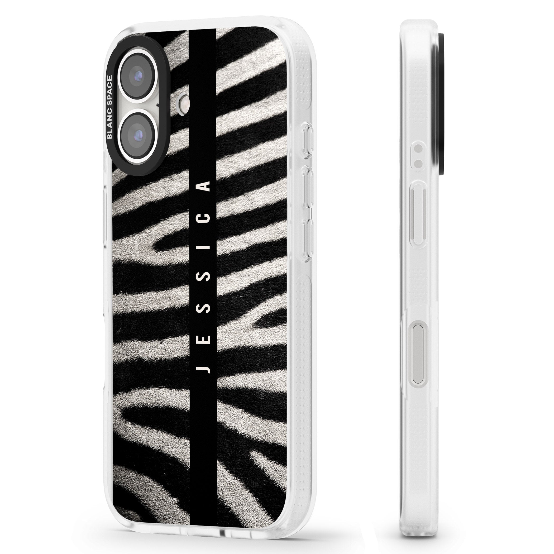 Personalised Zebra Print iPhone 16 / 16 Plus Clear Case Impact Air - Blanc Space