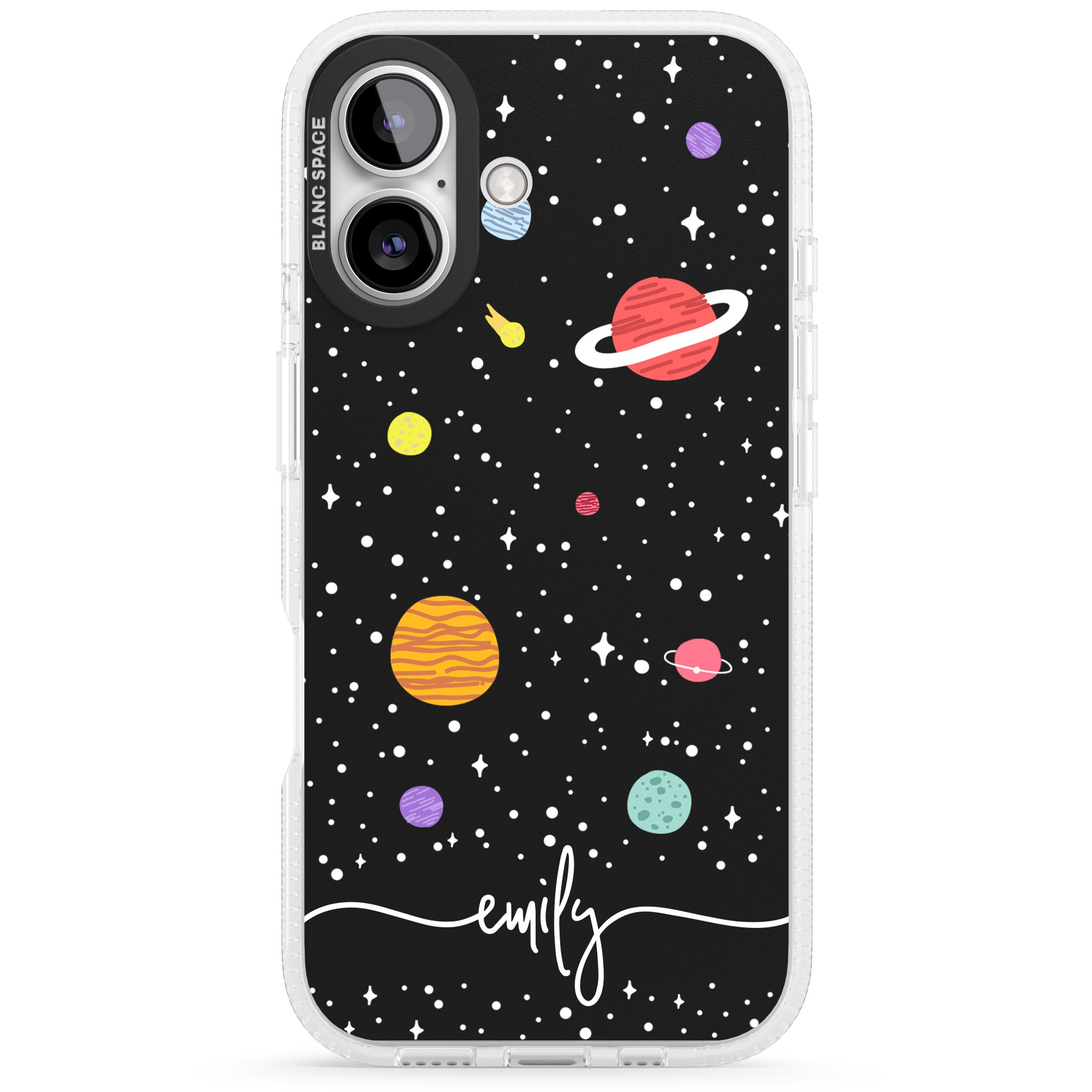 Personalised Cute Cartoon Planets iPhone 16 / 16 Plus Clear Case Impact Air - Blanc Space