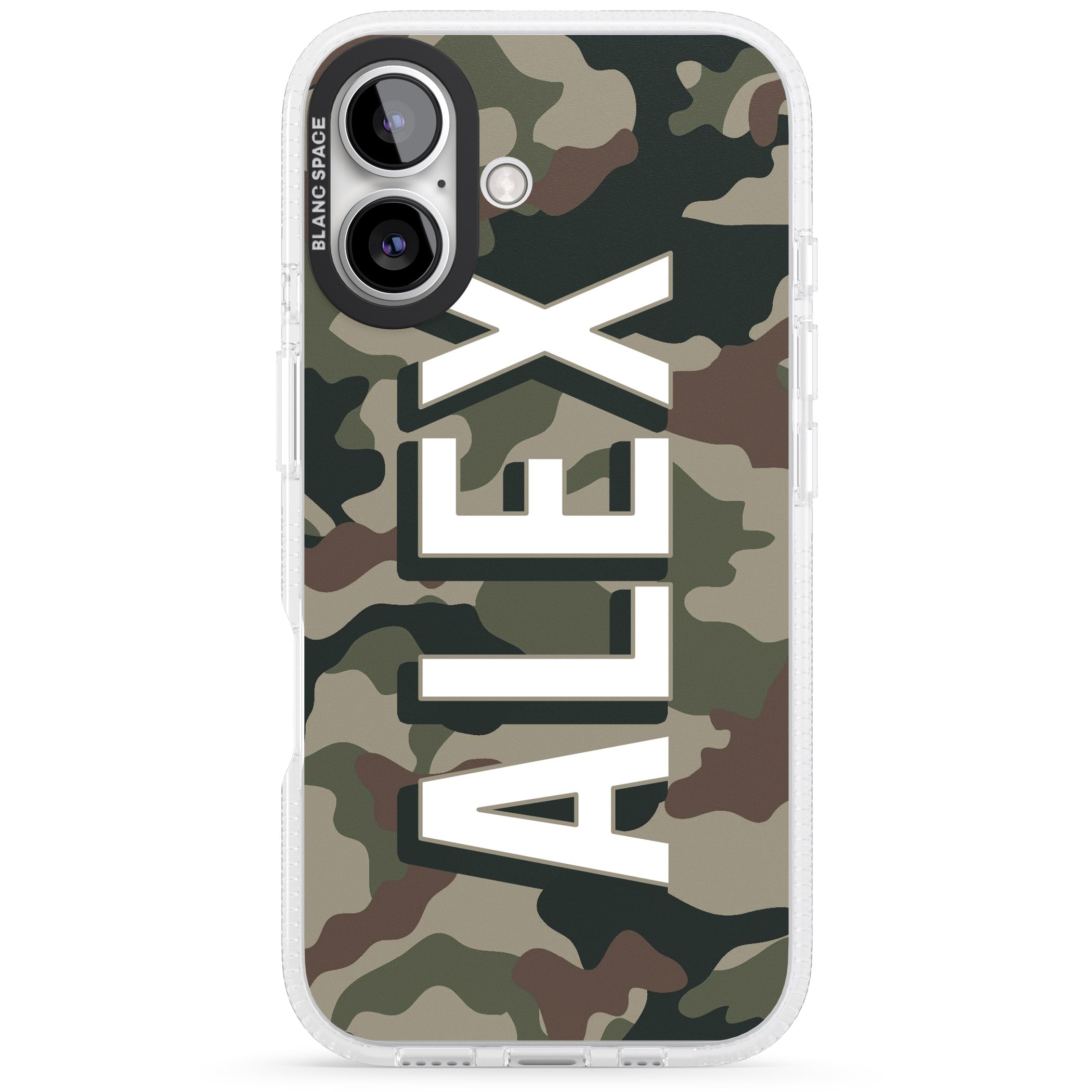 Personalised Classic Green Camo iPhone 16 / 16 Plus Clear Case Impact Air - Blanc Space