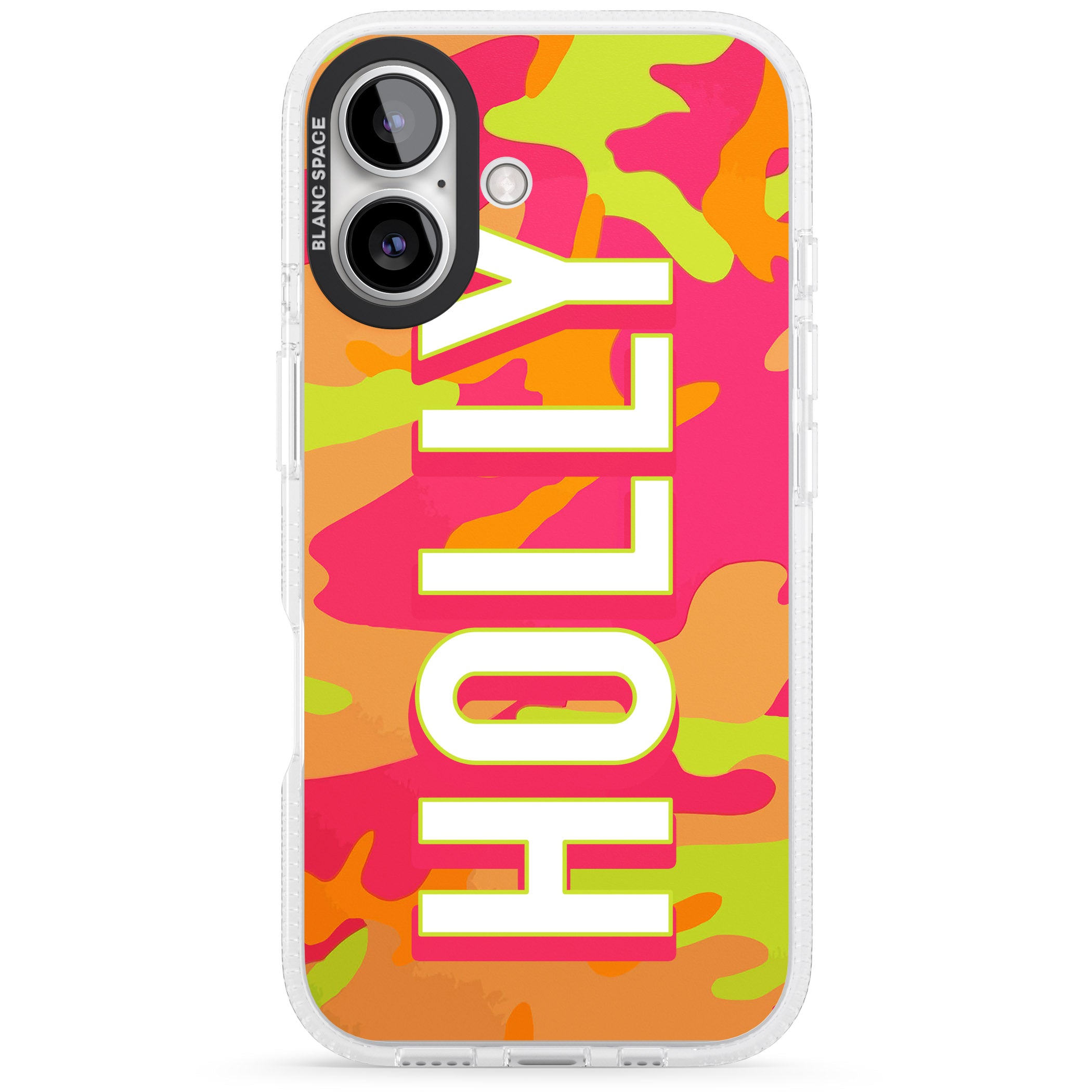 Personalised Colourful Neon Camo iPhone 16 / 16 Plus Clear Case Impact Air - Blanc Space