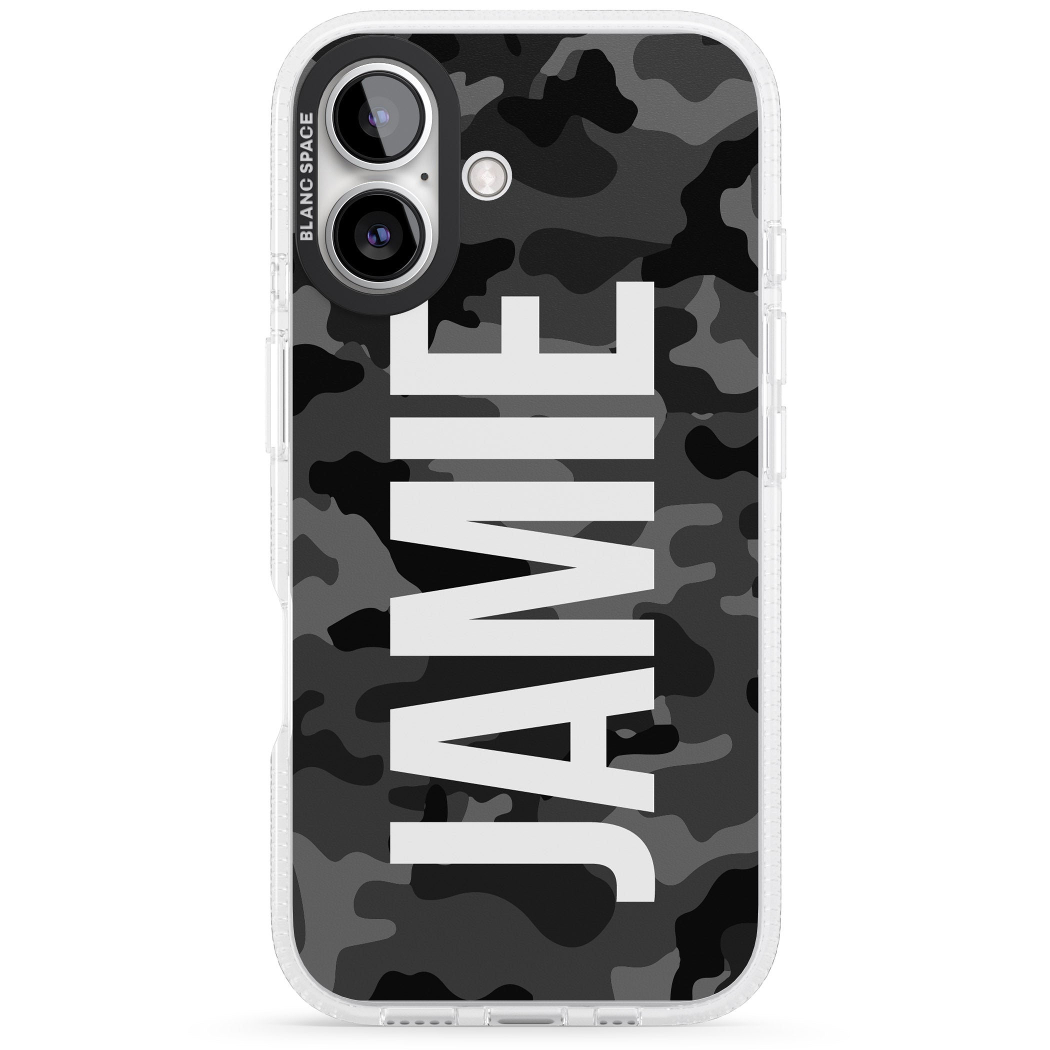 Personalised Vertical Name Black Camouflage iPhone 16 / 16 Plus Clear Case Impact Air - Blanc Space