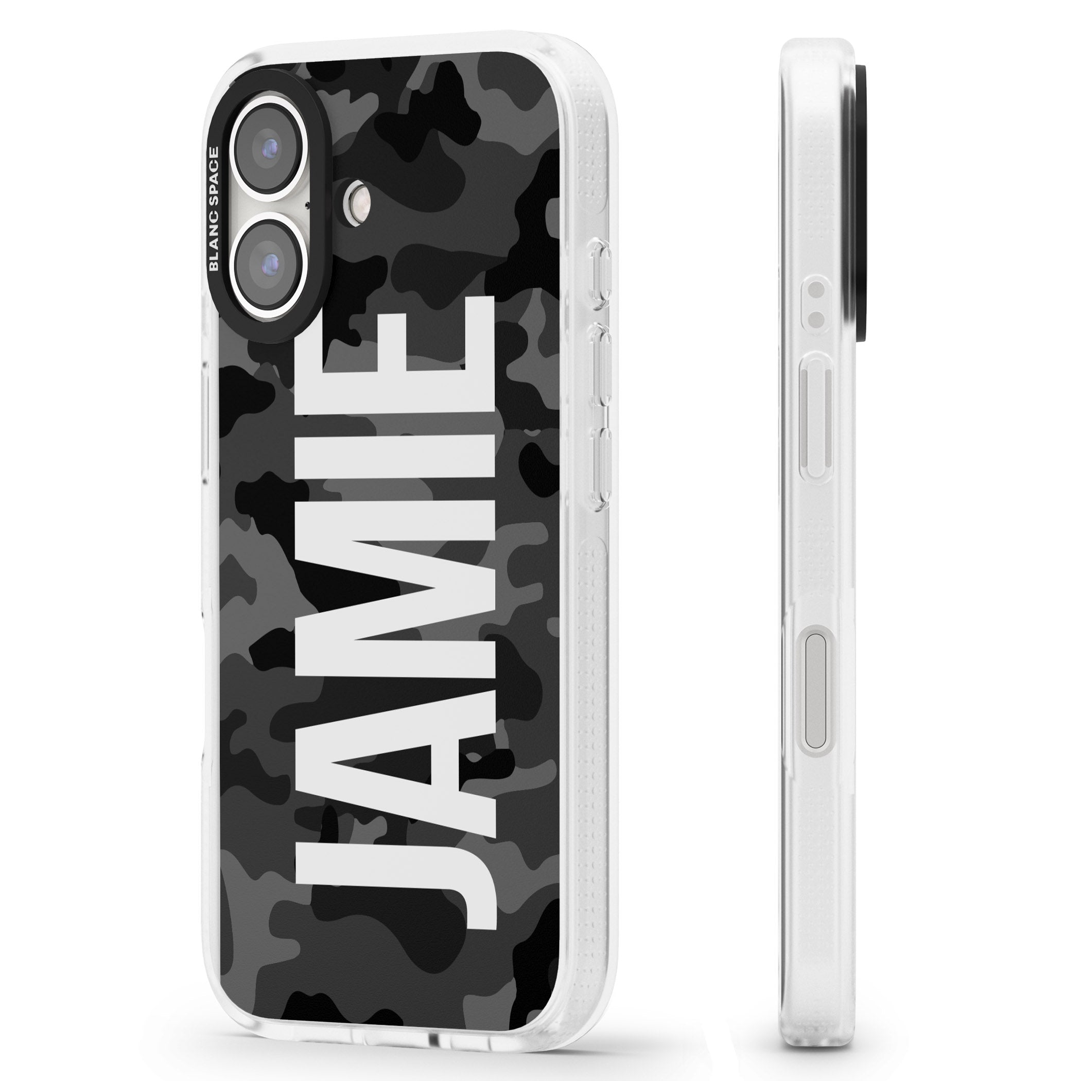 Personalised Vertical Name Black Camouflage iPhone 16 / 16 Plus Clear Case Impact Air - Blanc Space
