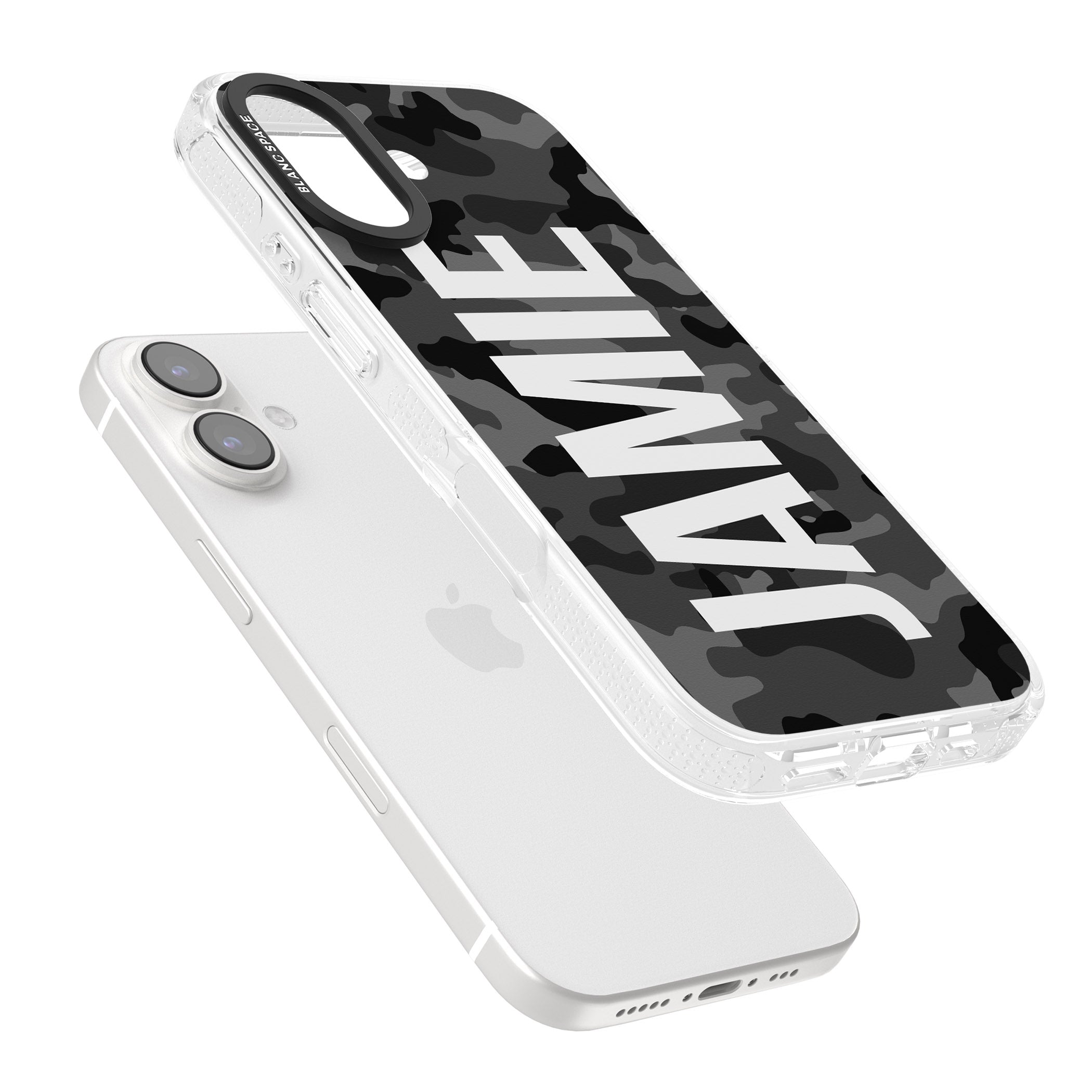 Personalised Vertical Name Black Camouflage iPhone 16 / 16 Plus Clear Case Impact Air - Blanc Space
