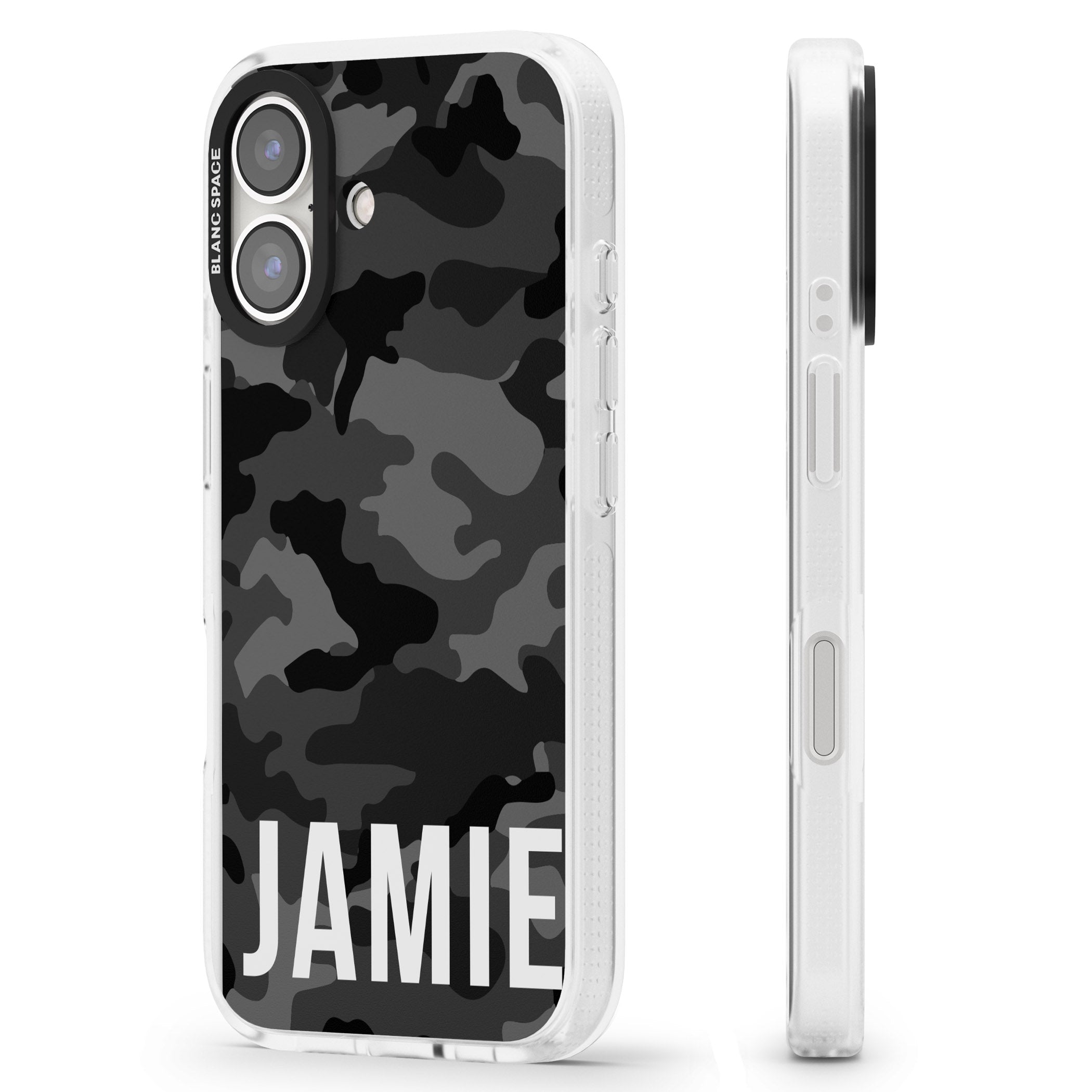 Personalised Horizontal Name Black Camouflage iPhone 16 / 16 Plus Clear Case Impact Air - Blanc Space