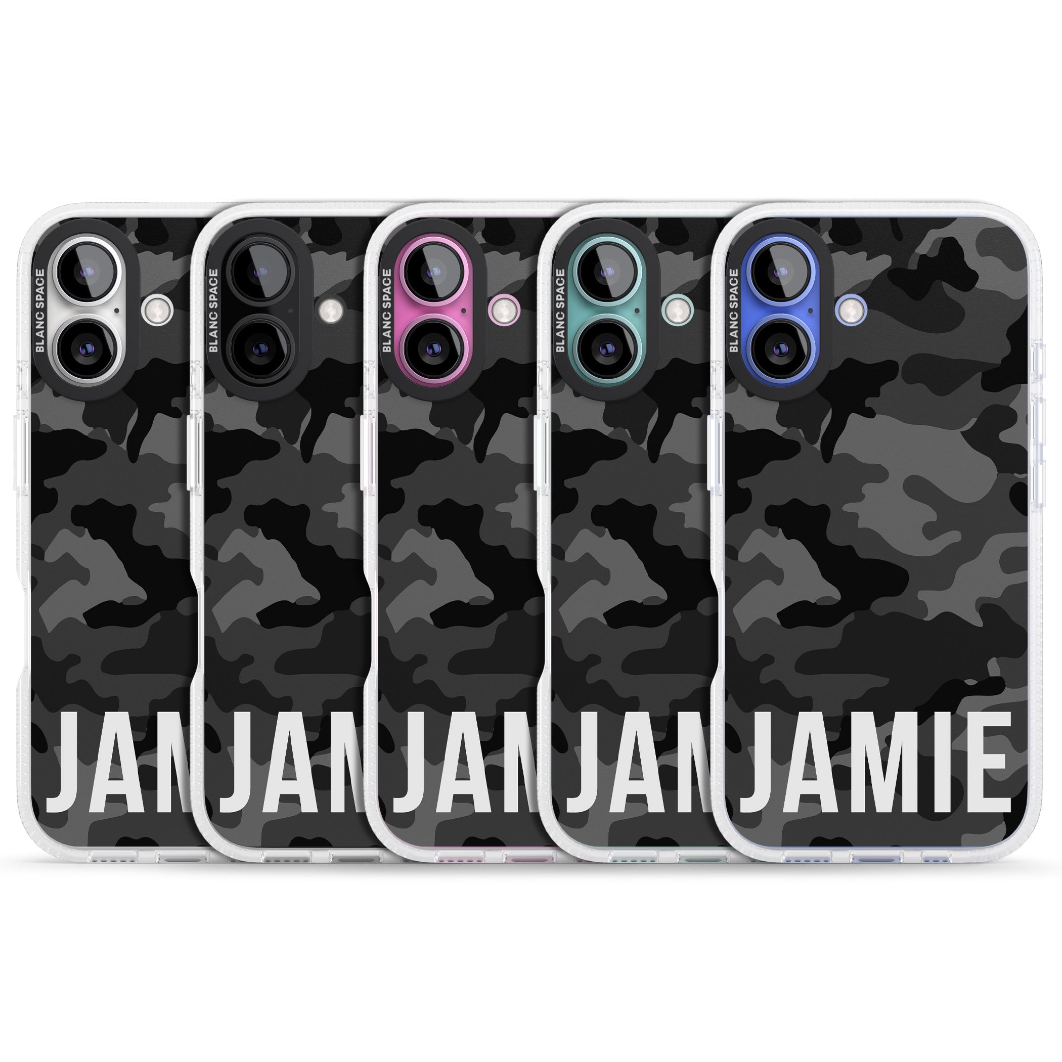 Personalised Horizontal Name Black Camouflage iPhone 16 / 16 Plus Clear Case Impact Air - Blanc Space