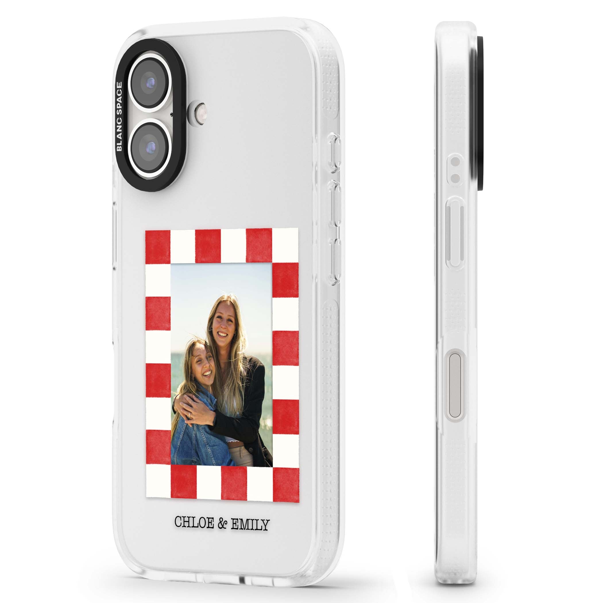 Red Check Photo personalised photo iPhone case with red and white checkered polaroid frame and custom couple name | Clear Case Impact Air case for iPhone 16, iPhone 16 Plus