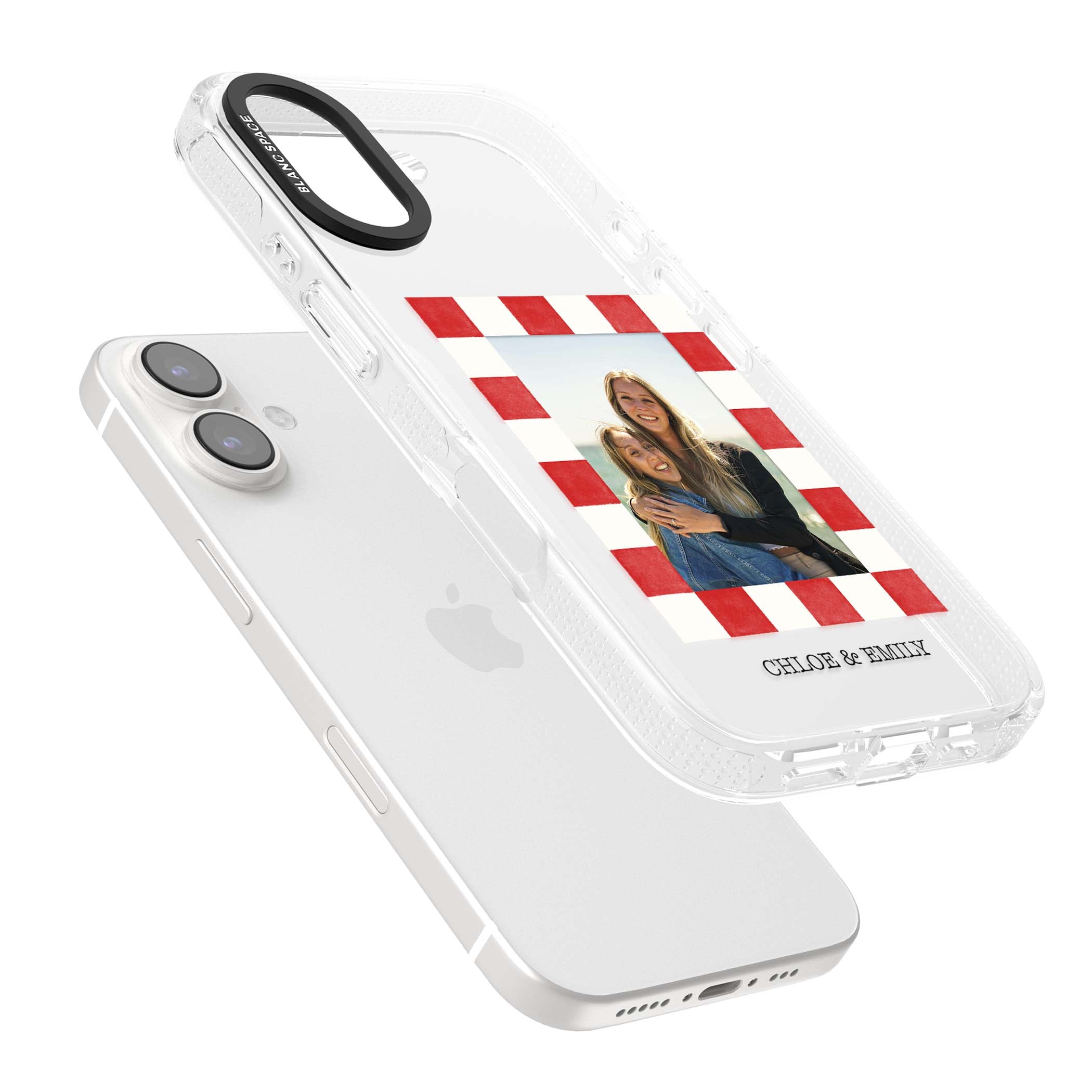 Red Check Photo personalised photo iPhone case with red and white checkered polaroid frame and custom couple name | Clear Case Impact Air case for iPhone 16, iPhone 16 Plus