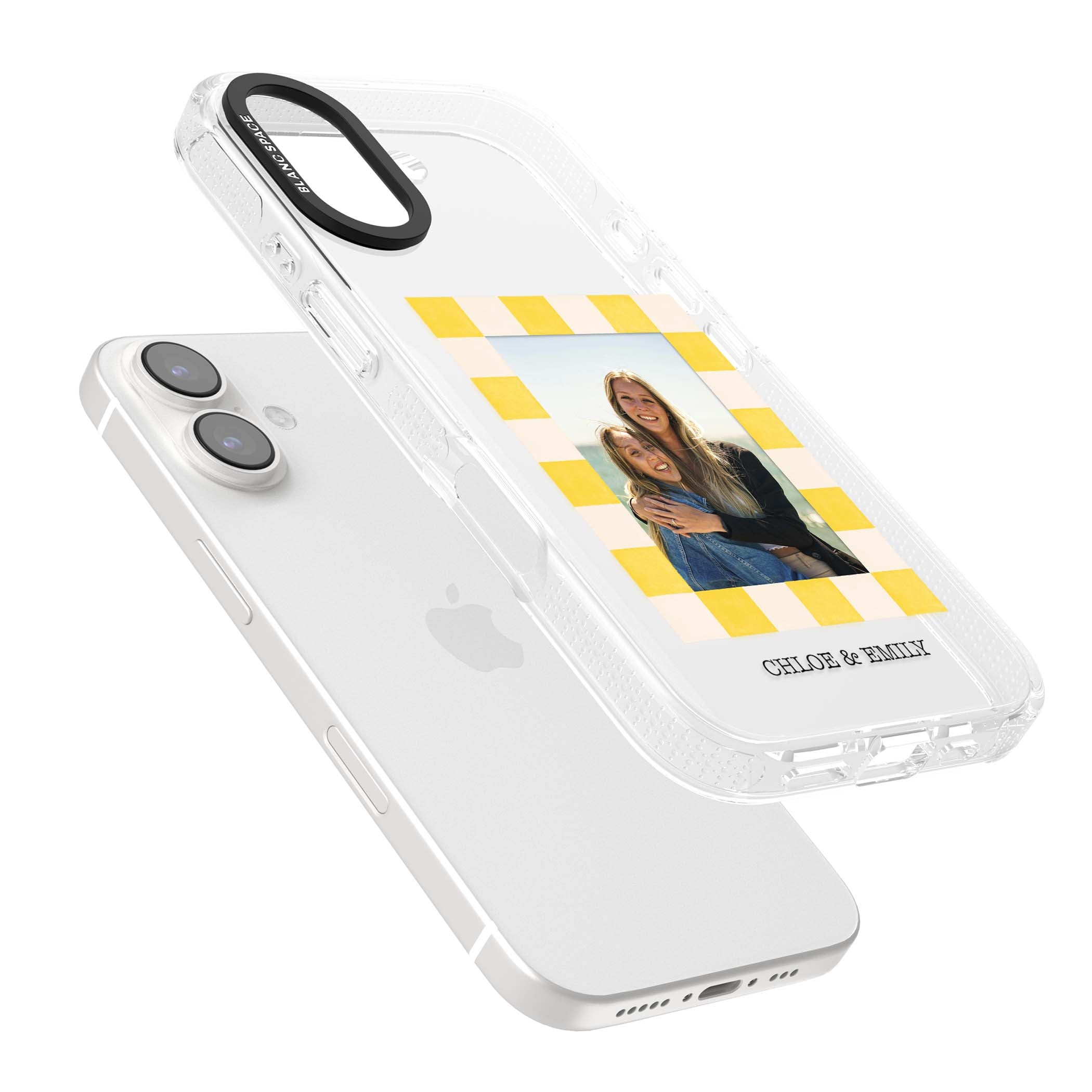 Yellow Check Photo personalised iPhone case with yellow checkered Polaroid frame and custom names beneath | Clear Case Impact Air case for iPhone 16, iPhone 16 Plus