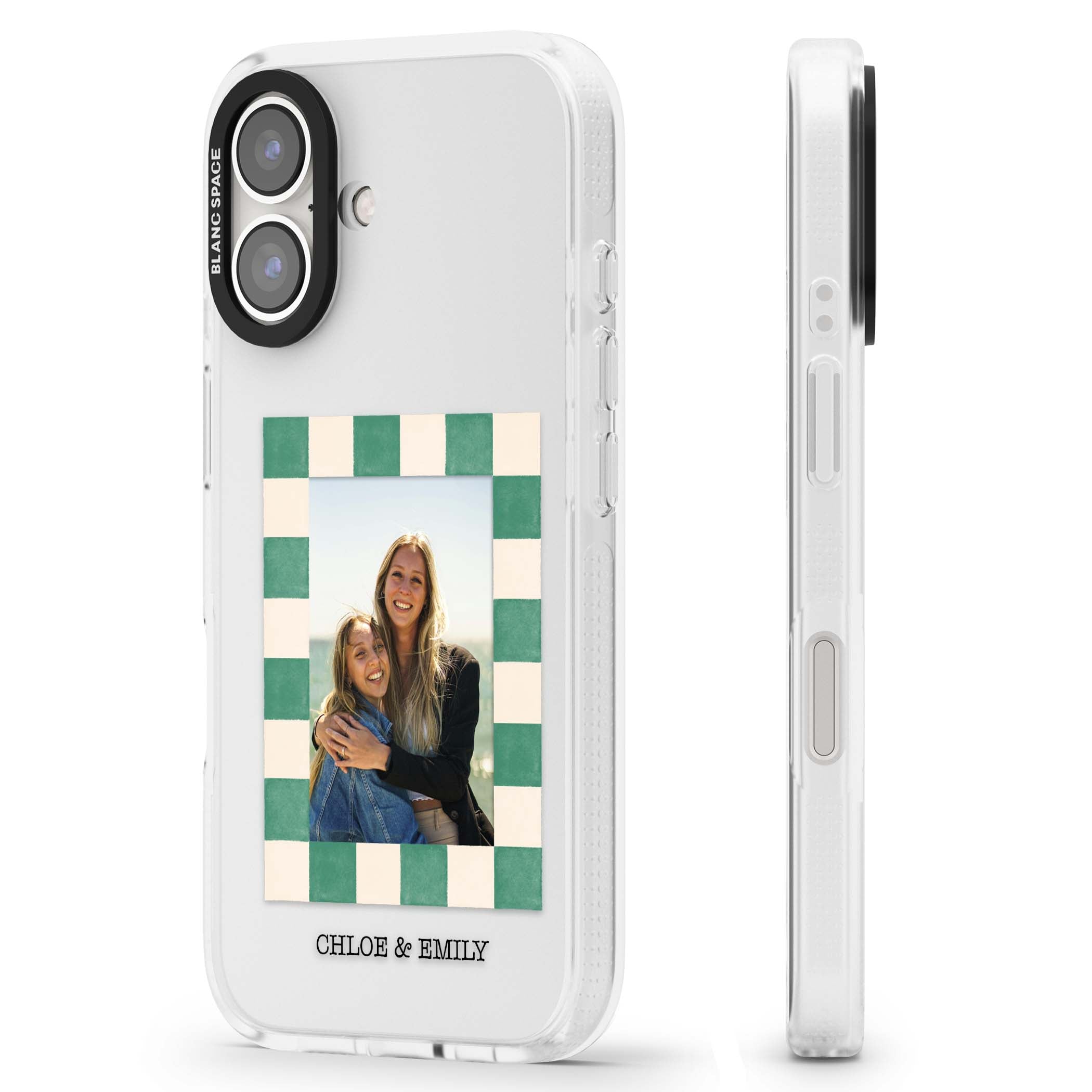 Seafoam Check Photo personalised iPhone case featuring a custom polaroid photo, green and cream checkered frame, and custom n | Clear Case Impact Air case for iPhone 16, iPhone 16 Plus