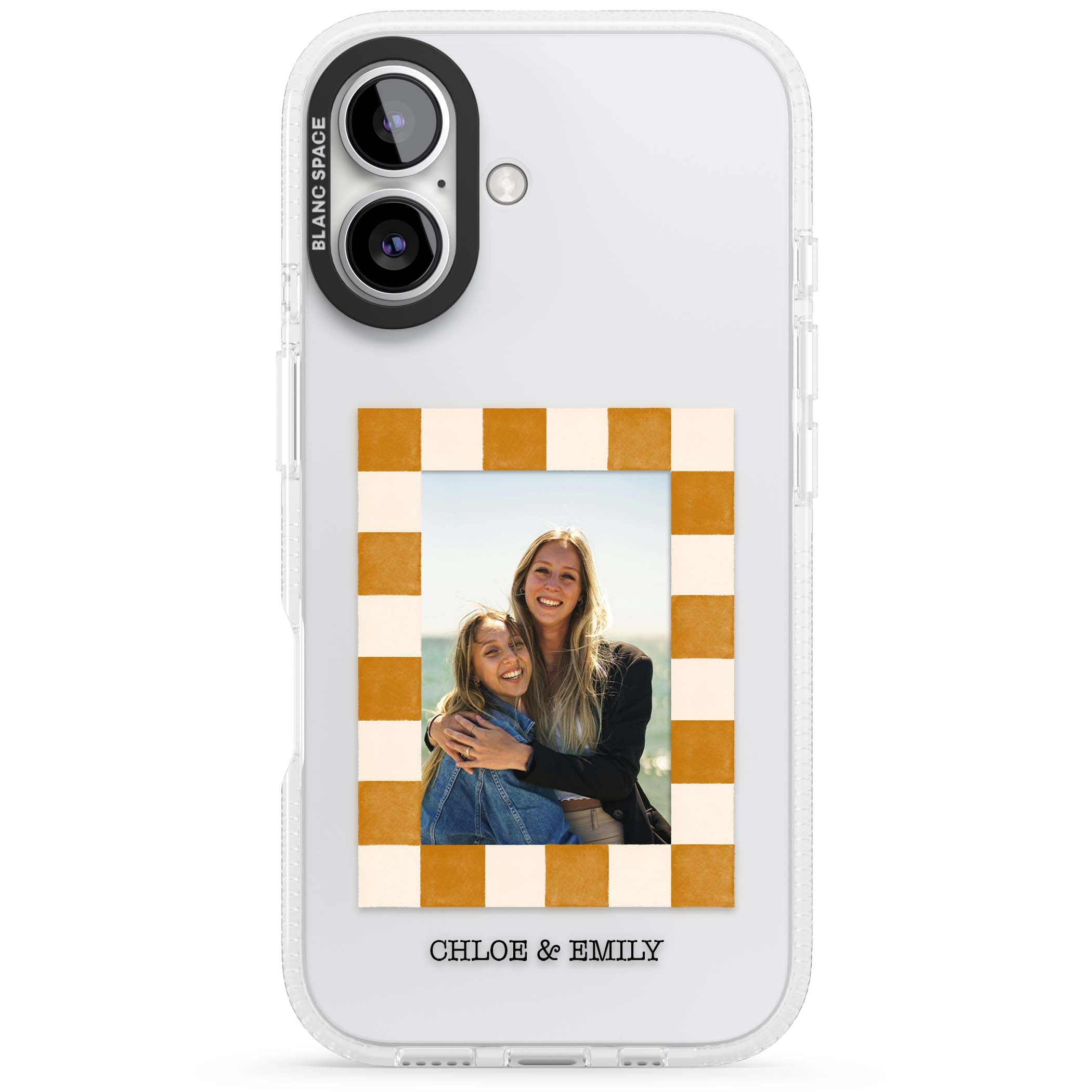 Citrus Check Photo personalised iPhone case with custom photo, orange checkered frame and names underneath | Clear Case Impact Air case for iPhone 16, iPhone 16 Plus