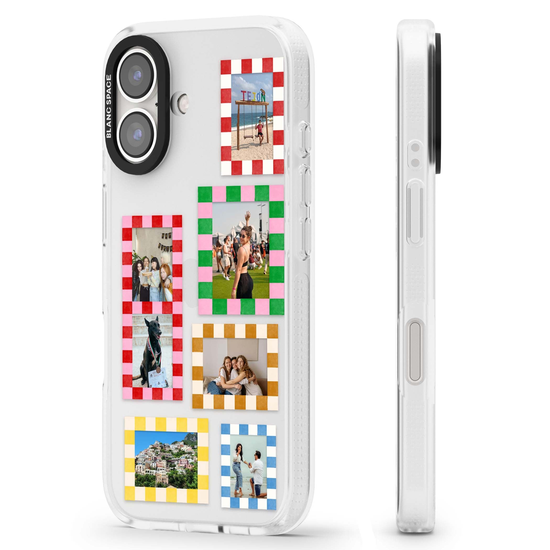 Italian Check Frames custom photo collage iPhone case featuring six checkered photo frames in red, green, pink and | Clear Case Impact Air case for iPhone 16, iPhone 16 Plus