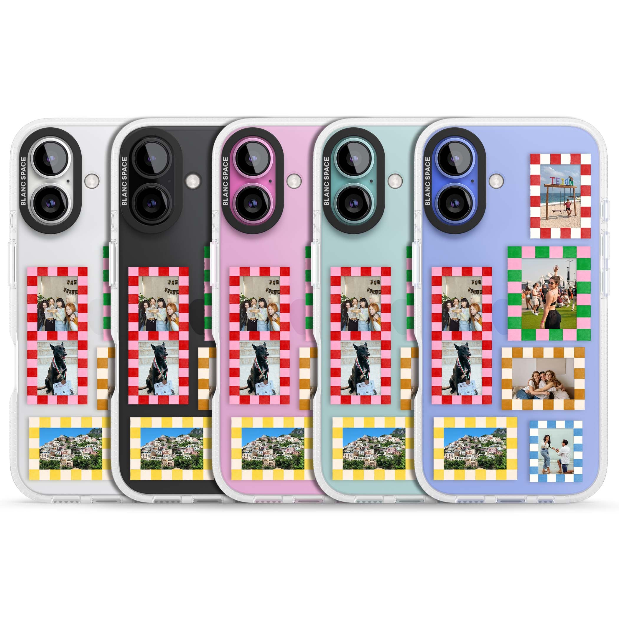 Italian Check Frames custom photo collage iPhone case featuring six checkered photo frames in red, green, pink and | Clear Case Impact Air case for iPhone 16, iPhone 16 Plus