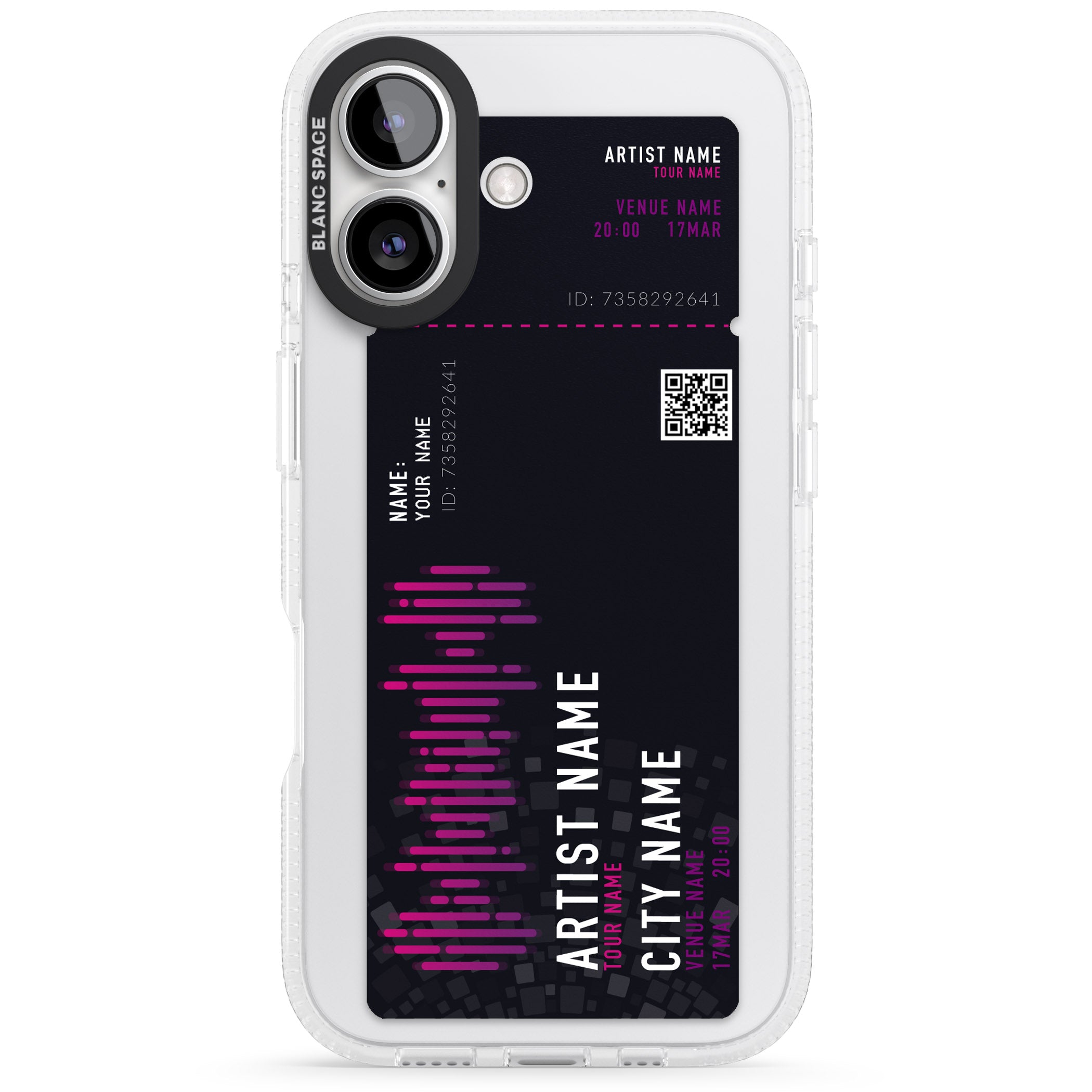 Personalised Concert Ticket iPhone 16 / 16 Plus Clear Case Impact Air - Blanc Space