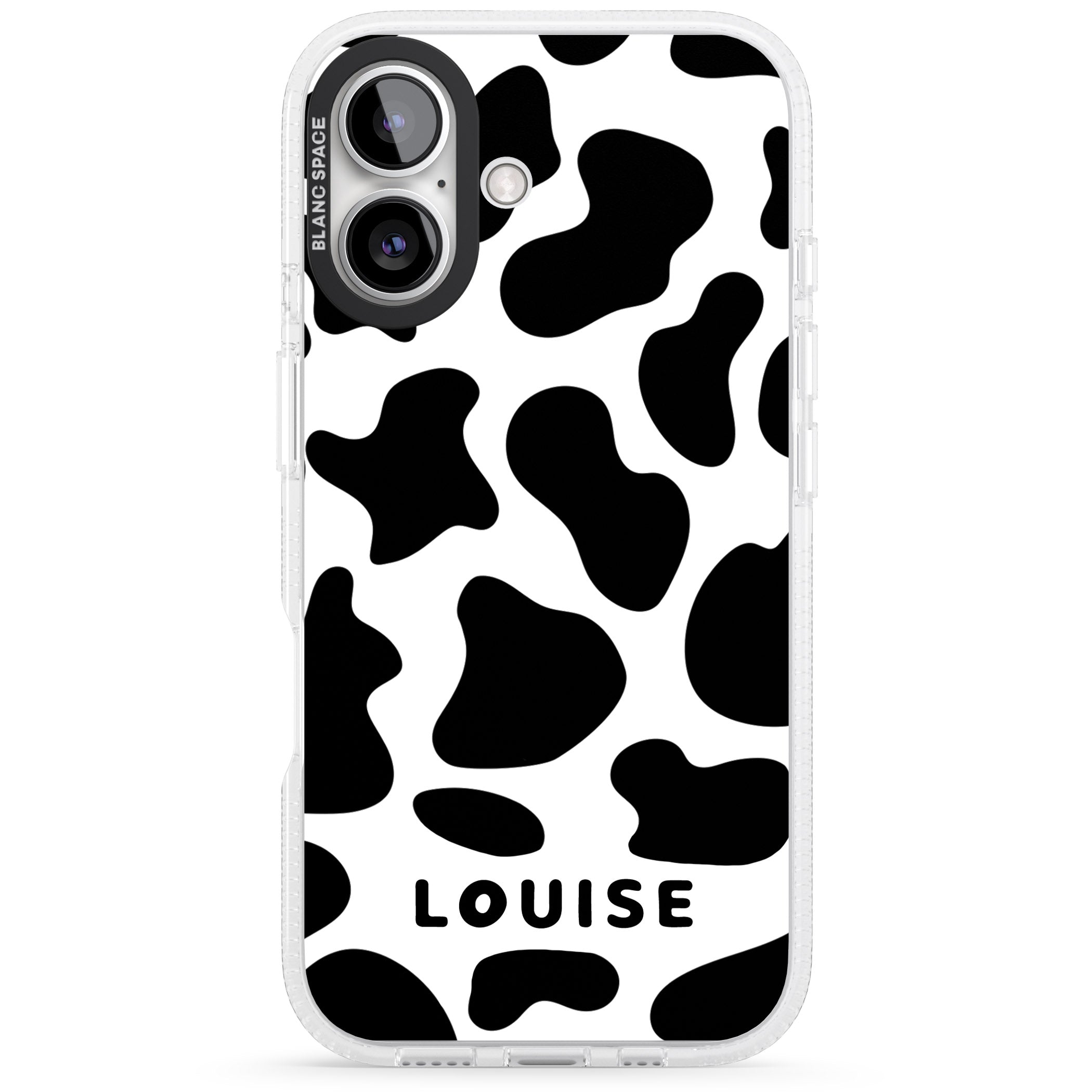 Personalised Cow Print iPhone 16 / 16 Plus Clear Case Impact Air - Blanc Space
