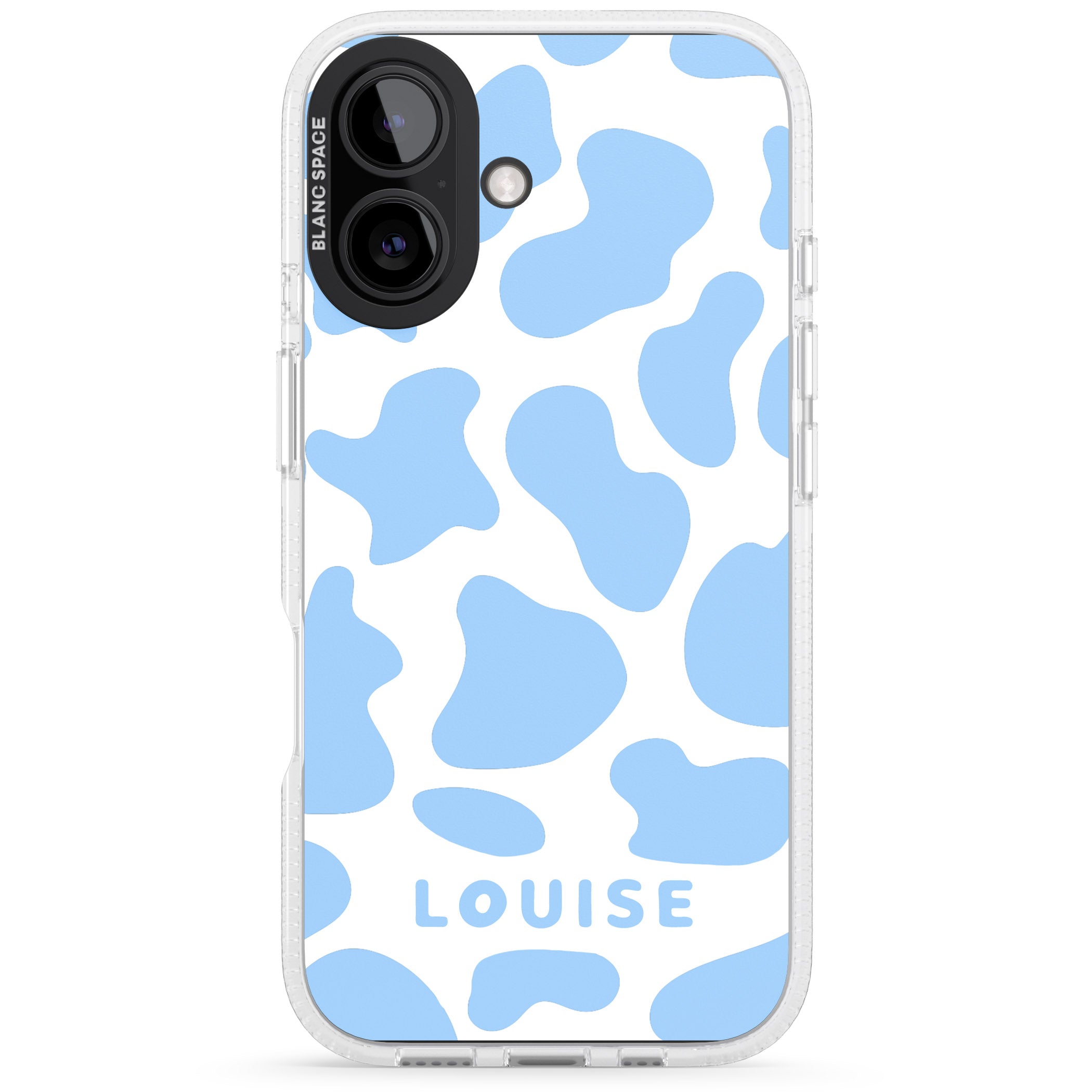 Personalised Blue and White Cow Print iPhone 16 / 16 Plus Clear Case Impact Air - Blanc Space