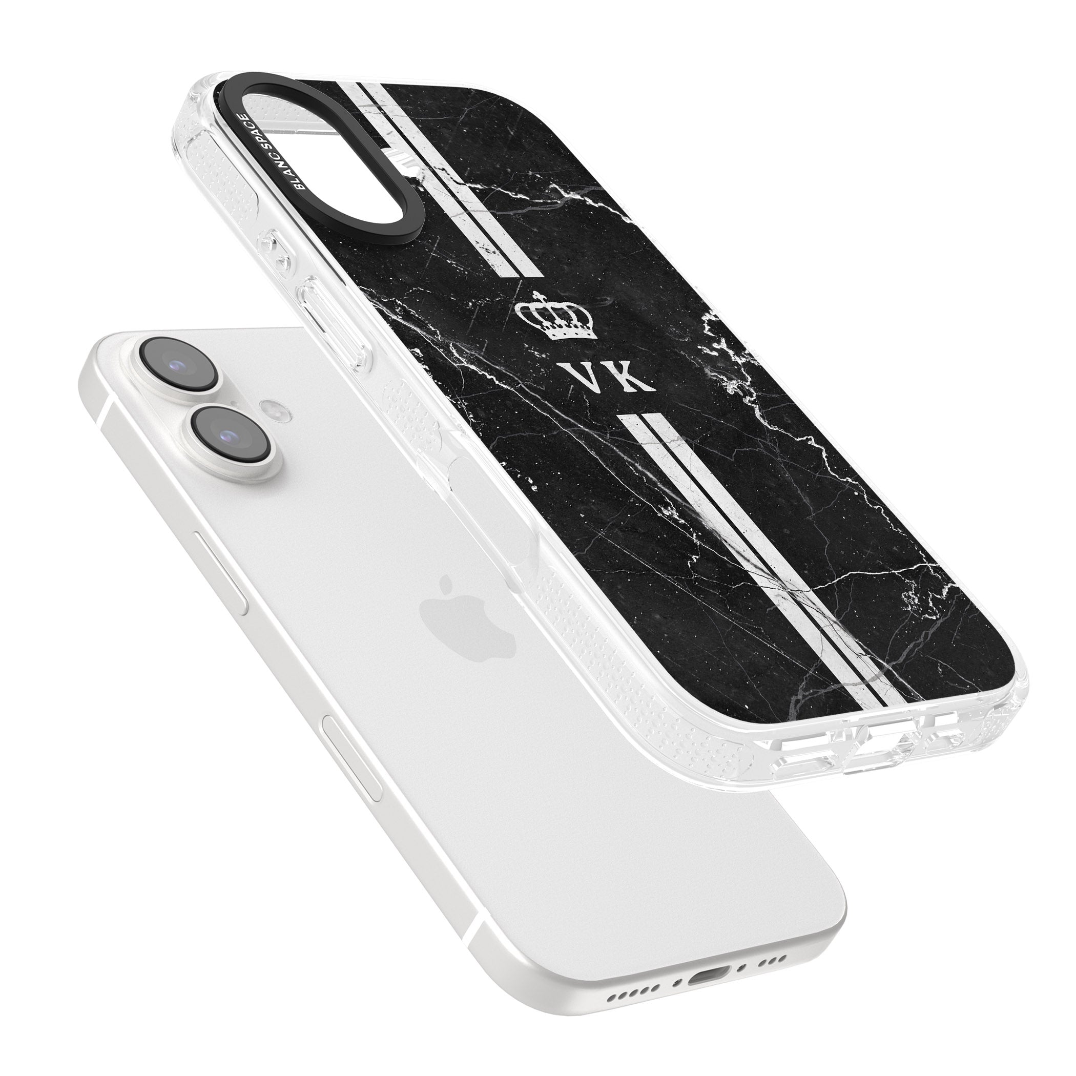 Personalised Stripes + Initials with Crown on Black Marble iPhone 16 / 16 Plus Clear Case Impact Air - Blanc Space