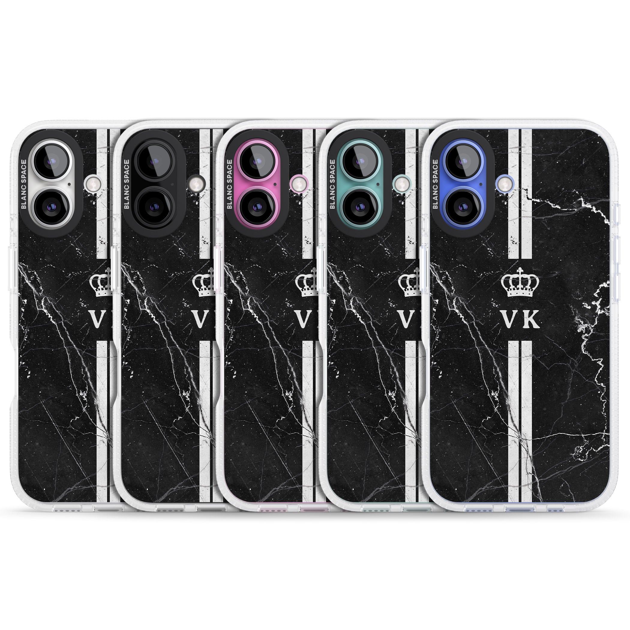 Personalised Stripes + Initials with Crown on Black Marble iPhone 16 / 16 Plus Clear Case Impact Air - Blanc Space
