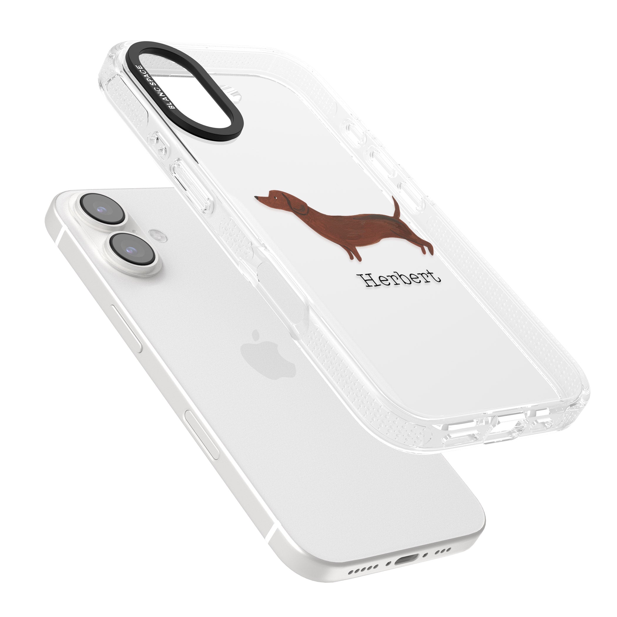 Personalised Hand Painted Sausage Dog iPhone 16 / 16 Plus Clear Case Impact Air - Blanc Space