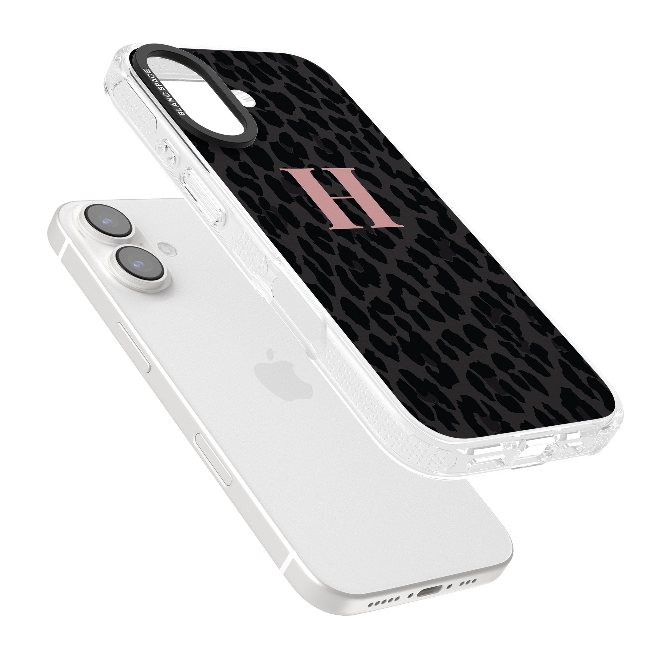Personalised Small Pink Leopard Monogram iPhone 16 / 16 Plus Clear Case Impact Air - Blanc Space