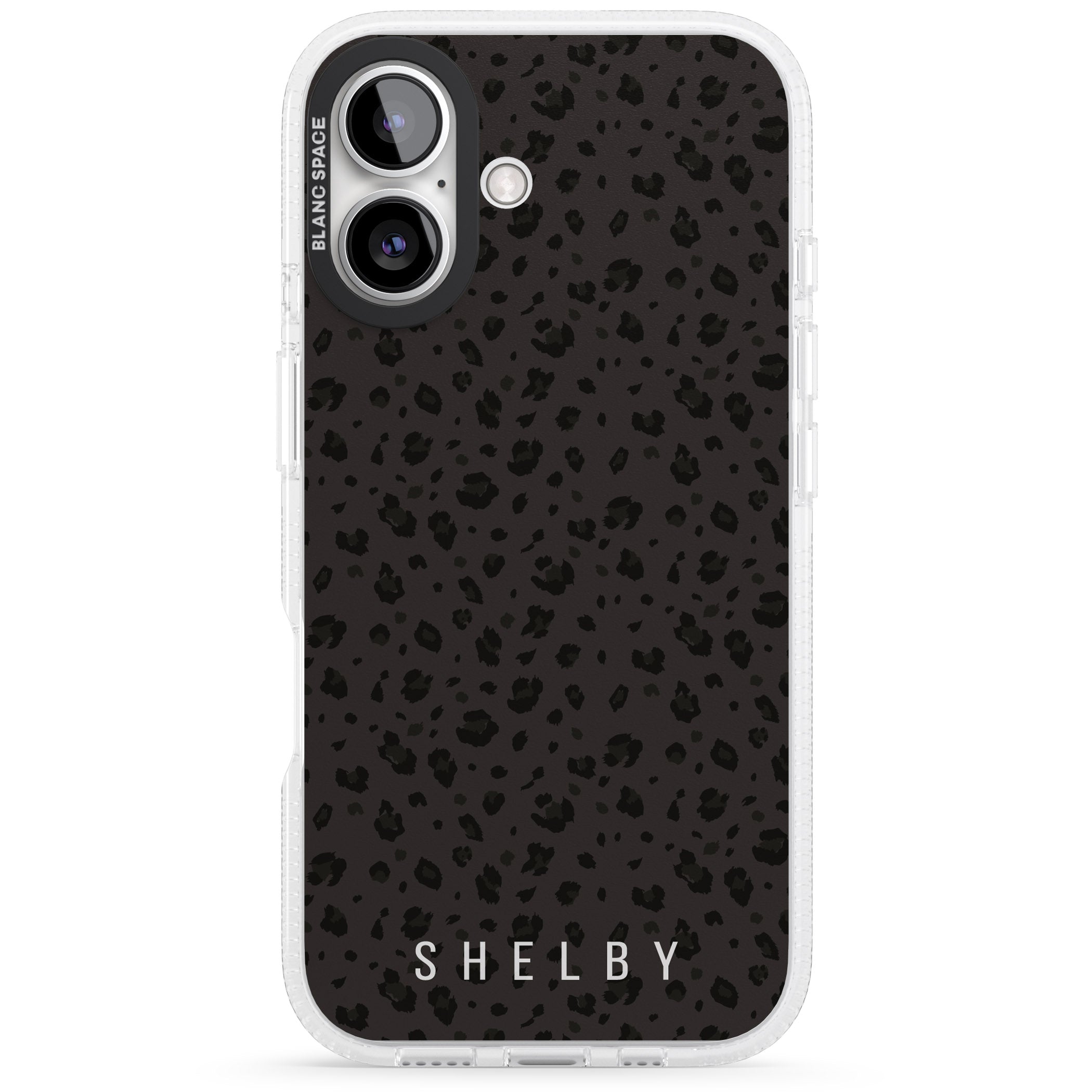 Personalised Minimal Lettering Dark Leopard iPhone 16 / 16 Plus Clear Case Impact Air - Blanc Space