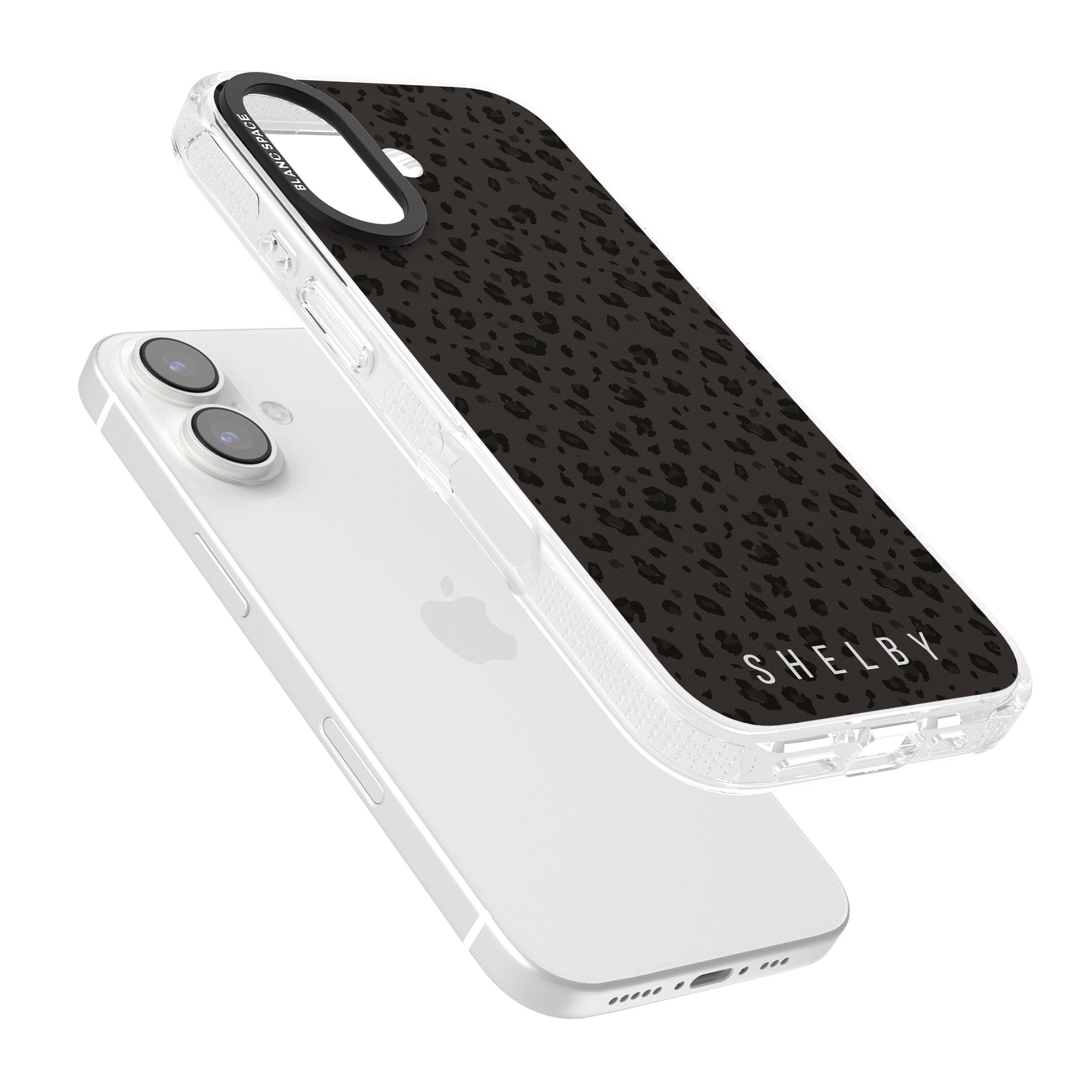 Personalised Minimal Lettering Dark Leopard iPhone 16 / 16 Plus Clear Case Impact Air - Blanc Space