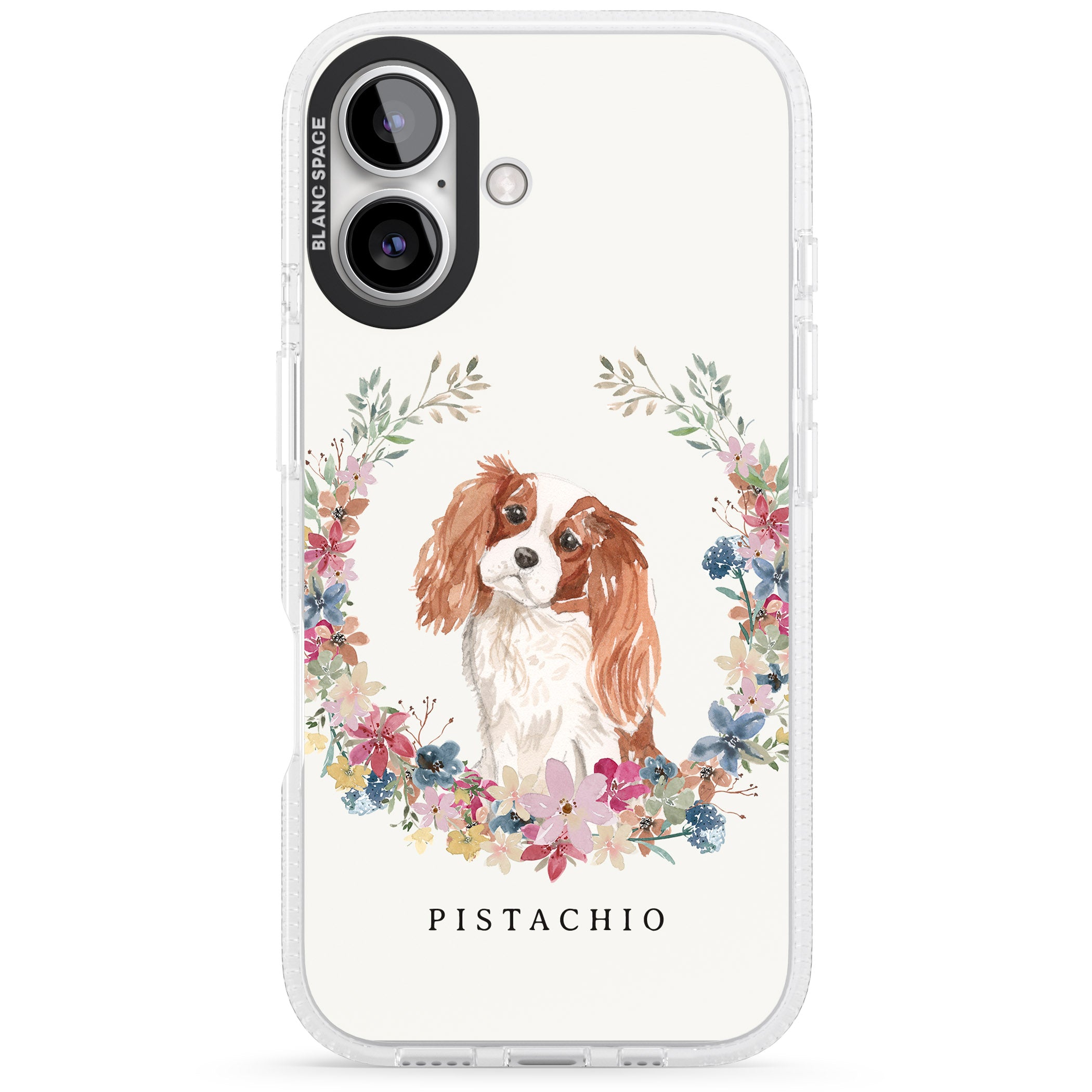 Personalised Cavalier King Charles Portrait Spaniel iPhone 16 / 16 Plus Clear Case Impact Air - Blanc Space