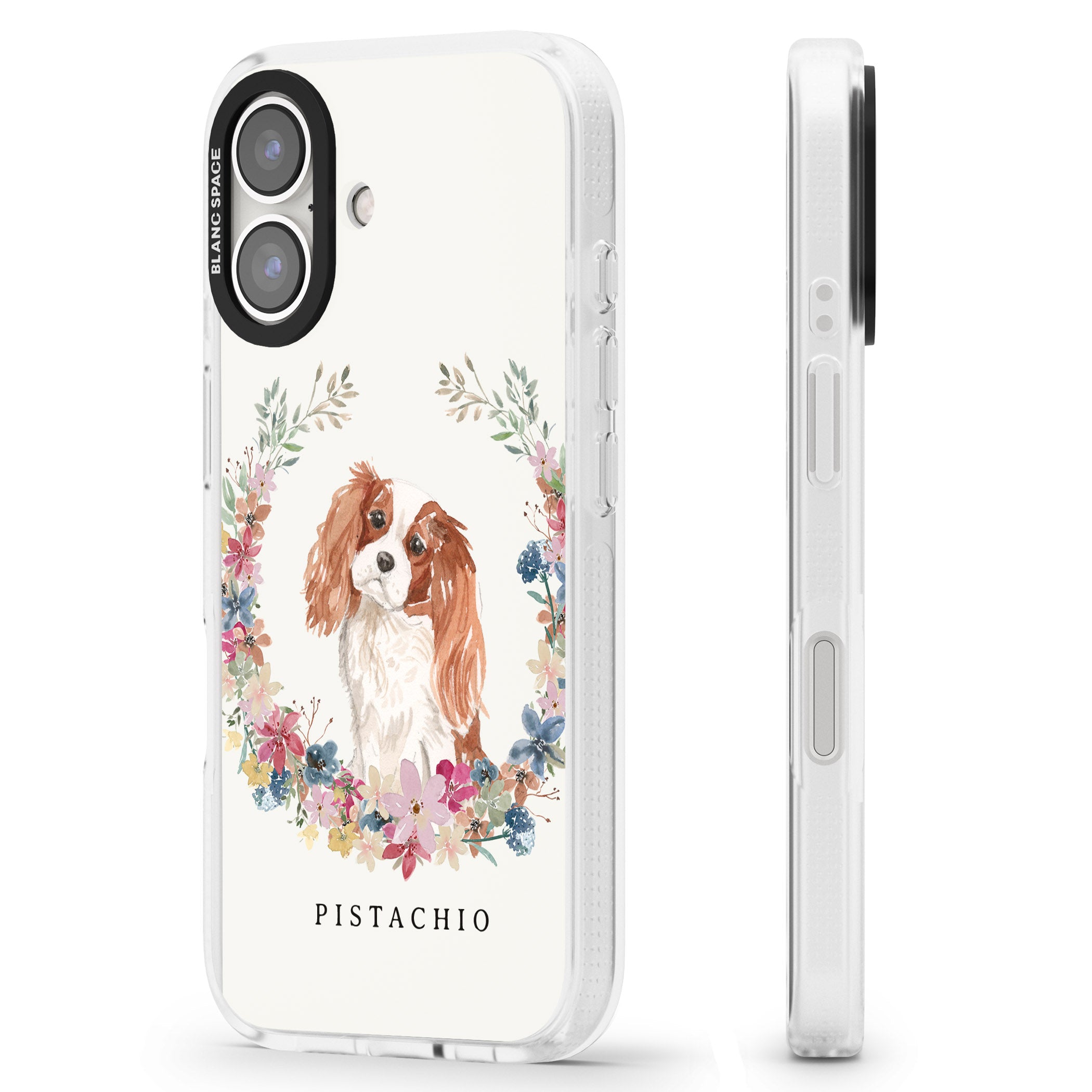 Personalised Cavalier King Charles Portrait Spaniel iPhone 16 / 16 Plus Clear Case Impact Air - Blanc Space