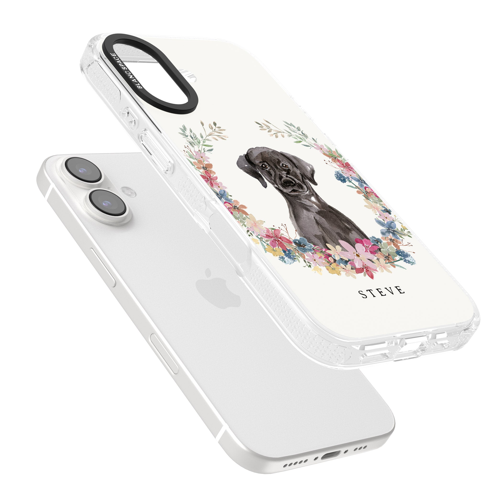 Personalised Black Lab Watercolour Dog Portrait iPhone 16 / 16 Plus Clear Case Impact Air - Blanc Space