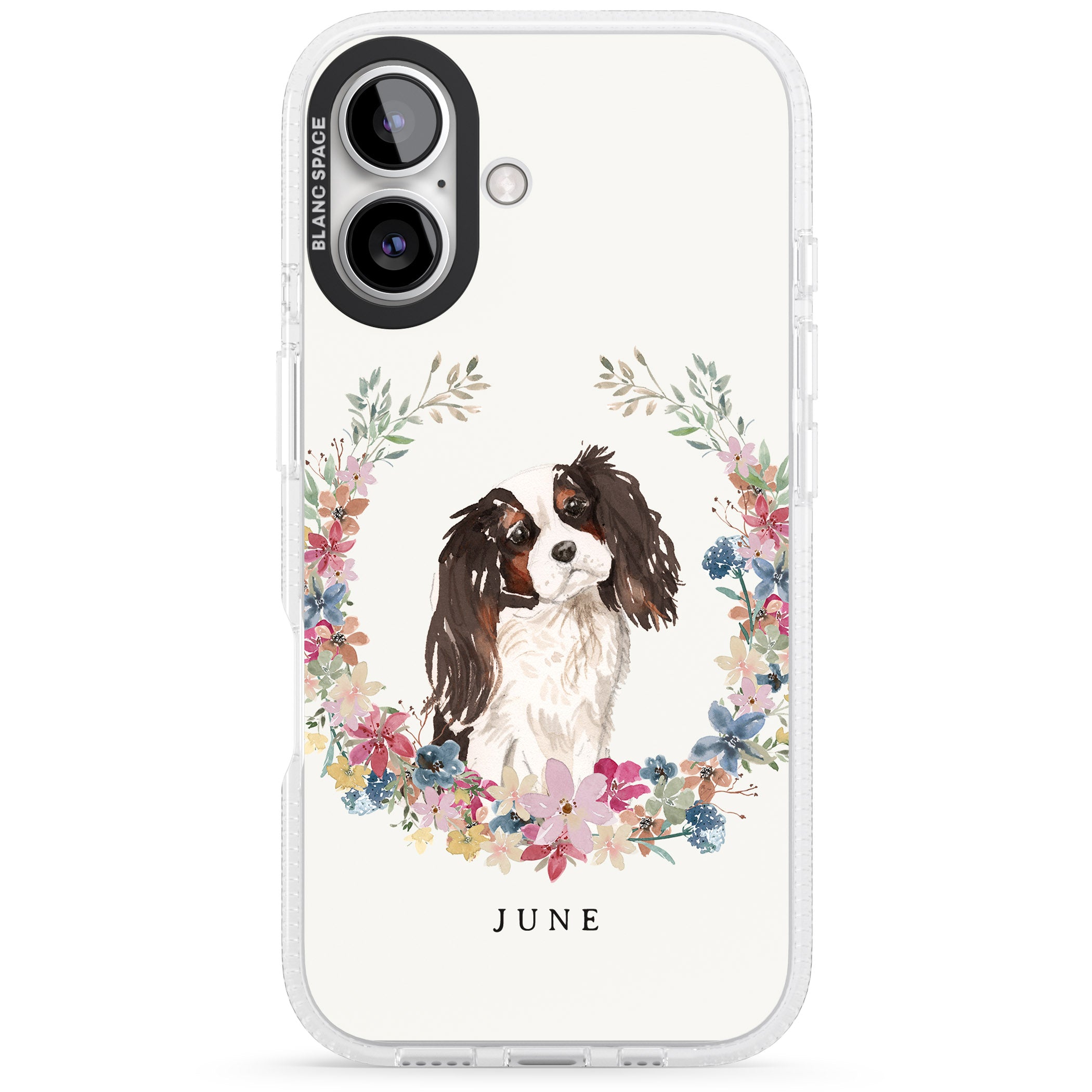 Personalised Tri Coloured King Charles Watercolour Dog Portrait iPhone 16 / 16 Plus Clear Case Impact Air - Blanc Space