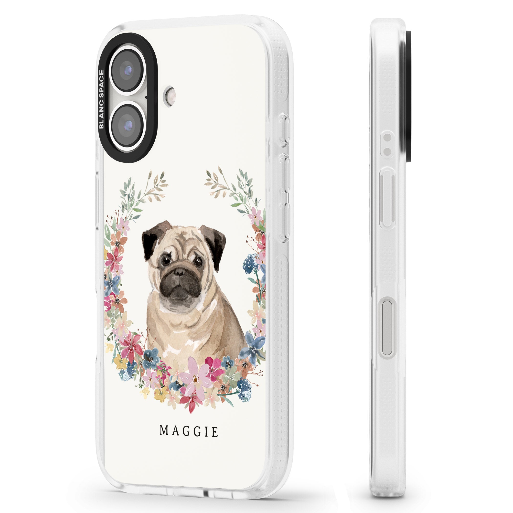 Personalised Pug - Watercolour Dog Portrait iPhone 16 / 16 Plus Clear Case Impact Air - Blanc Space