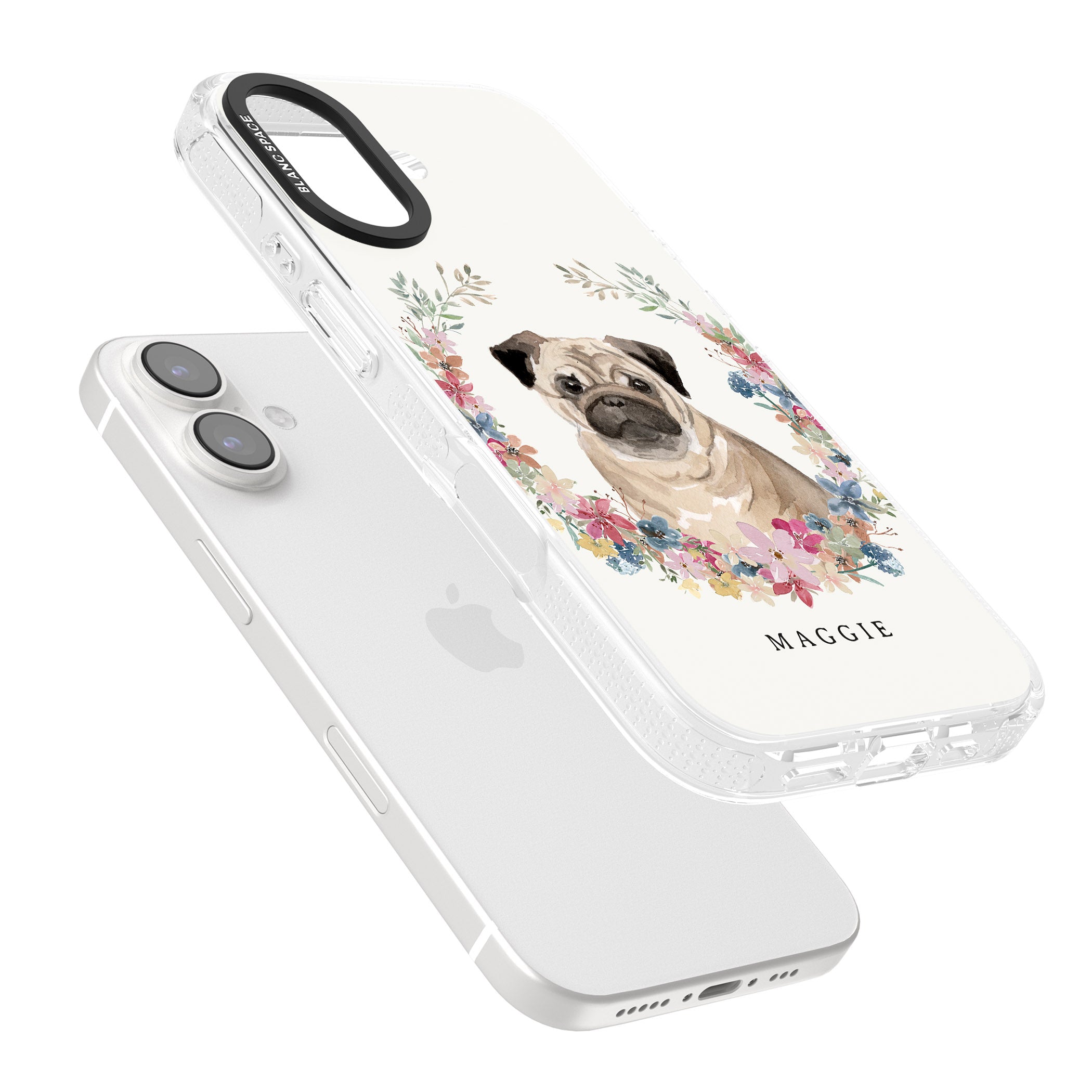 Personalised Pug - Watercolour Dog Portrait iPhone 16 / 16 Plus Clear Case Impact Air - Blanc Space