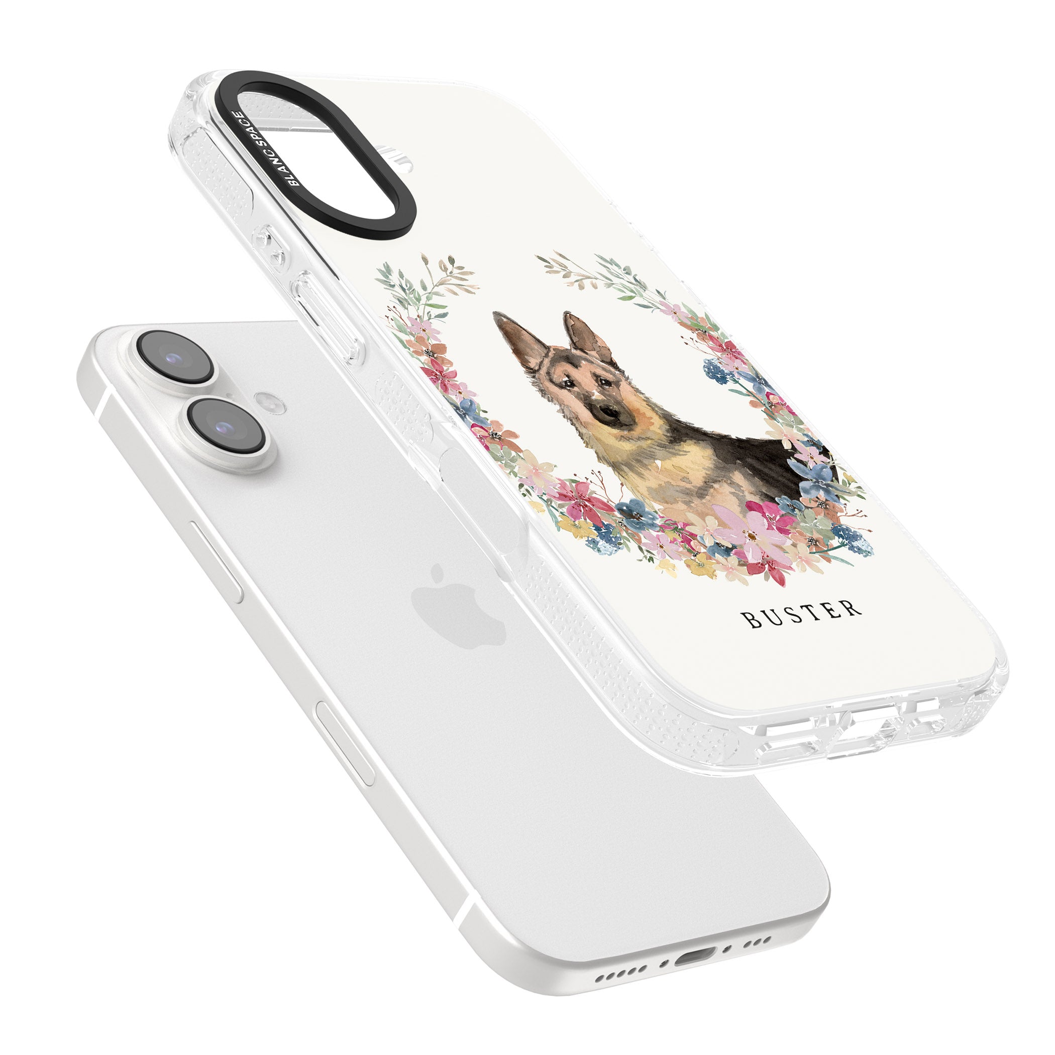 Personalised German Shepherd - Watercolour Dog Portrait iPhone 16 / 16 Plus Clear Case Impact Air - Blanc Space