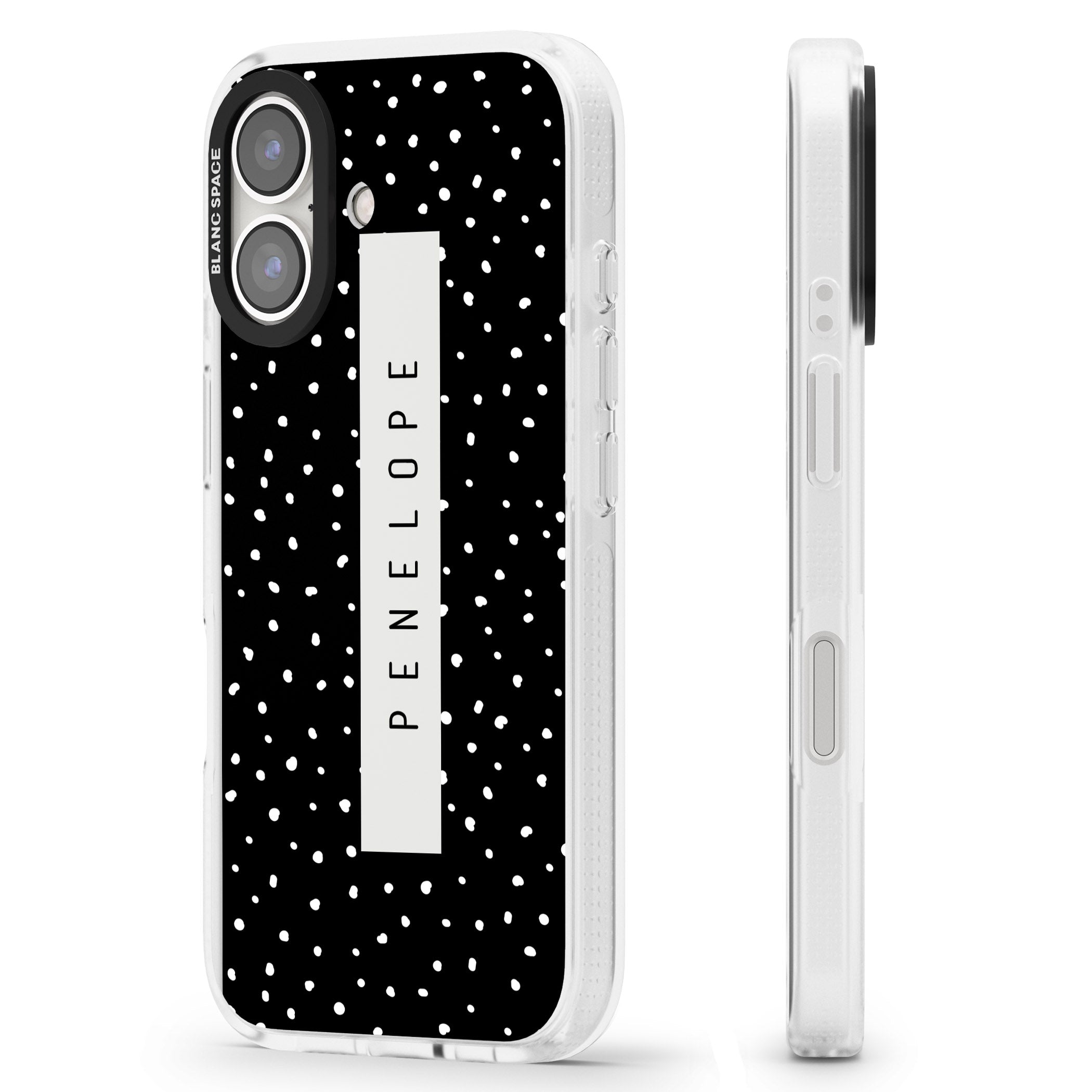 Personalised Black Dots iPhone 16 / 16 Plus Clear Case Impact Air - Blanc Space