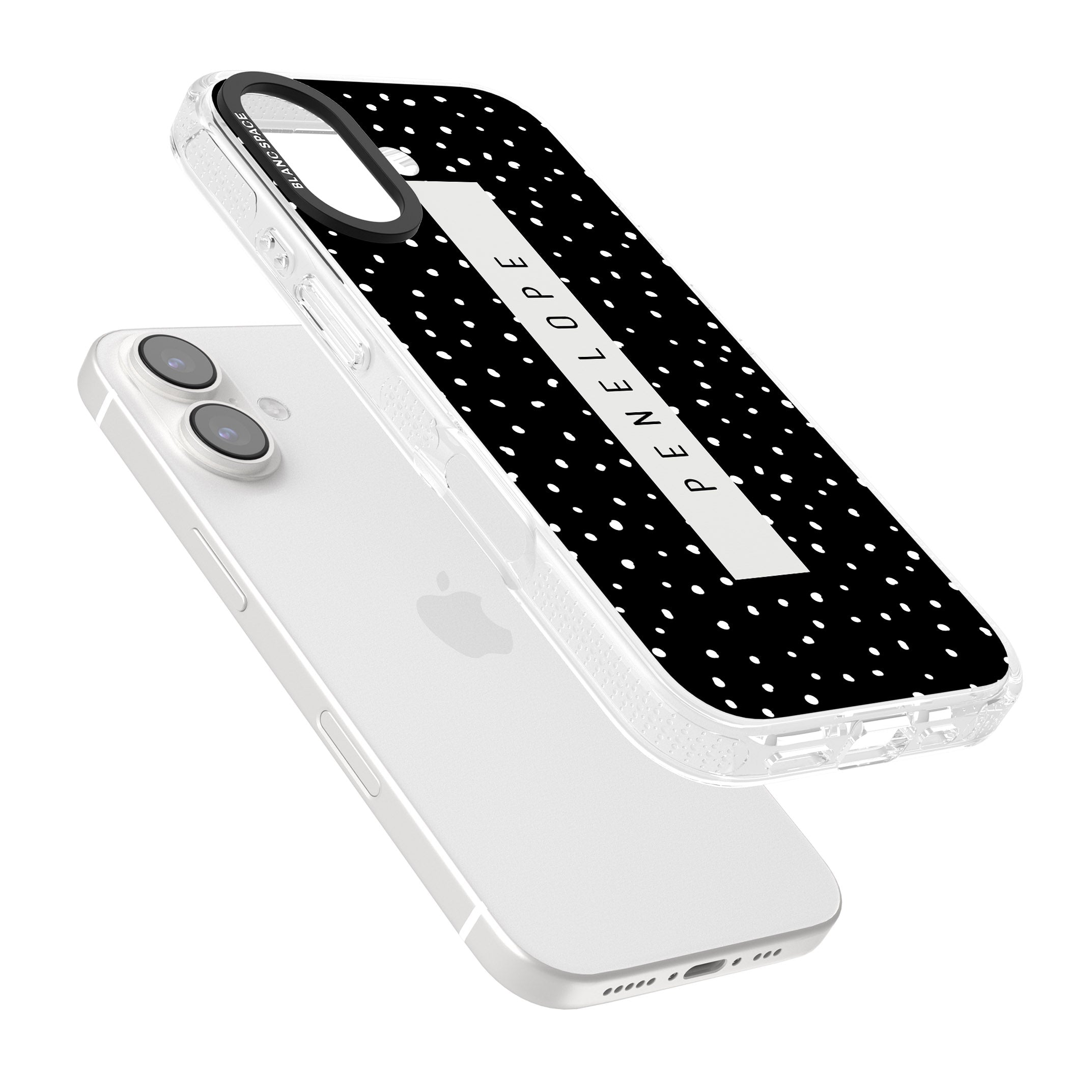 Personalised Black Dots iPhone 16 / 16 Plus Clear Case Impact Air - Blanc Space