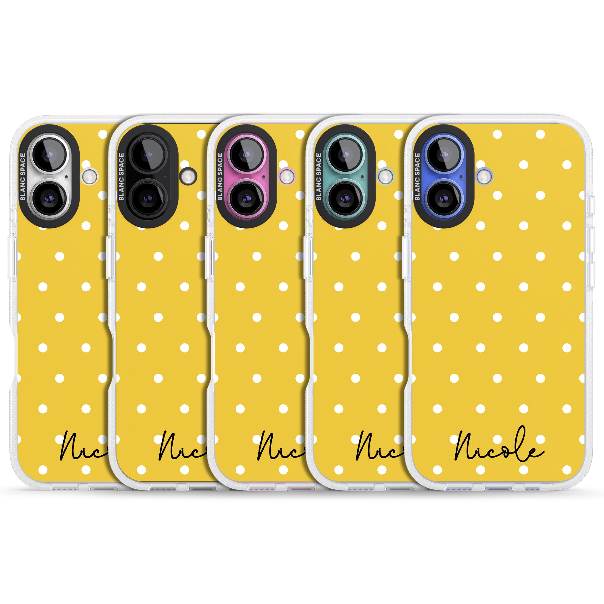 Personalised Yellow Polka Dot iPhone 16 / 16 Plus Clear Case Impact Air - Blanc Space