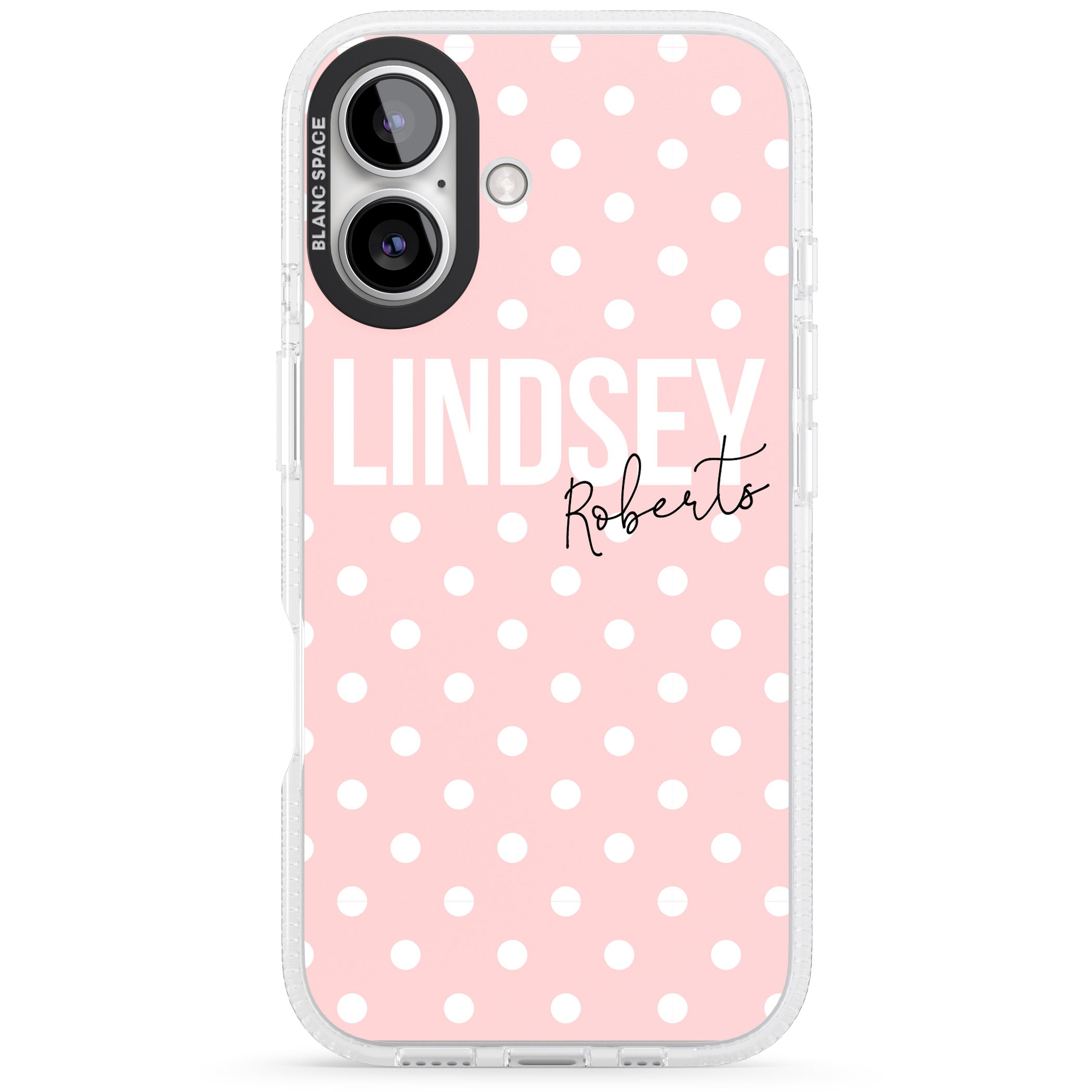 Personalised Pink Polka iPhone 16 / 16 Plus Clear Case Impact Air - Blanc Space