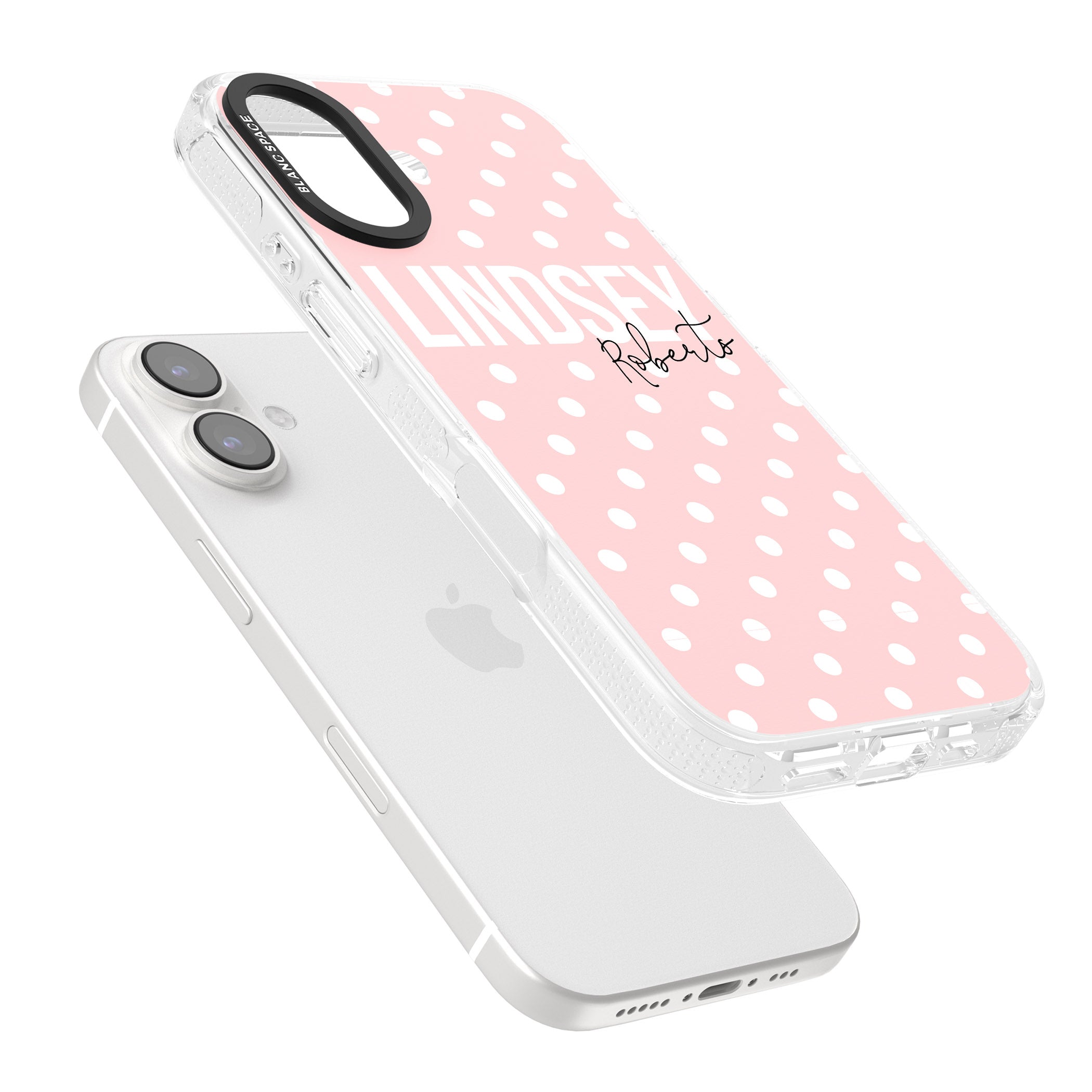 Personalised Pink Polka iPhone 16 / 16 Plus Clear Case Impact Air - Blanc Space