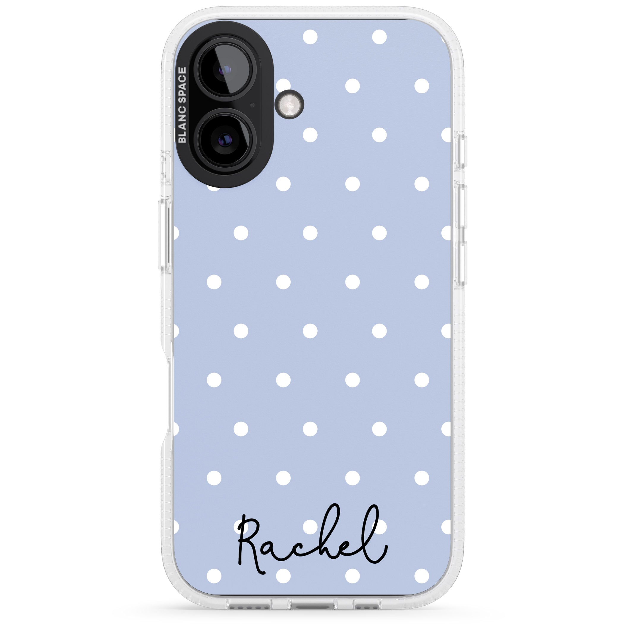 Personalised Simple Light Blue Dots iPhone 16 / 16 Plus Clear Case Impact Air - Blanc Space