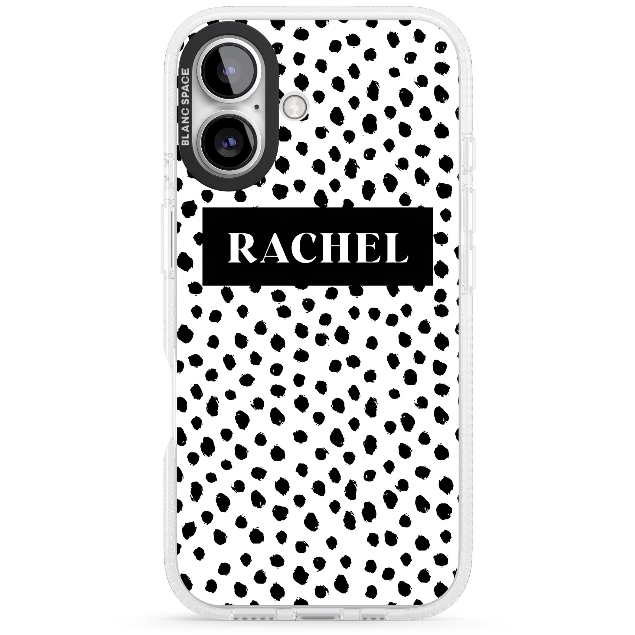 Personalised Black Bar & Dots iPhone 16 / 16 Plus Clear Case Impact Air - Blanc Space